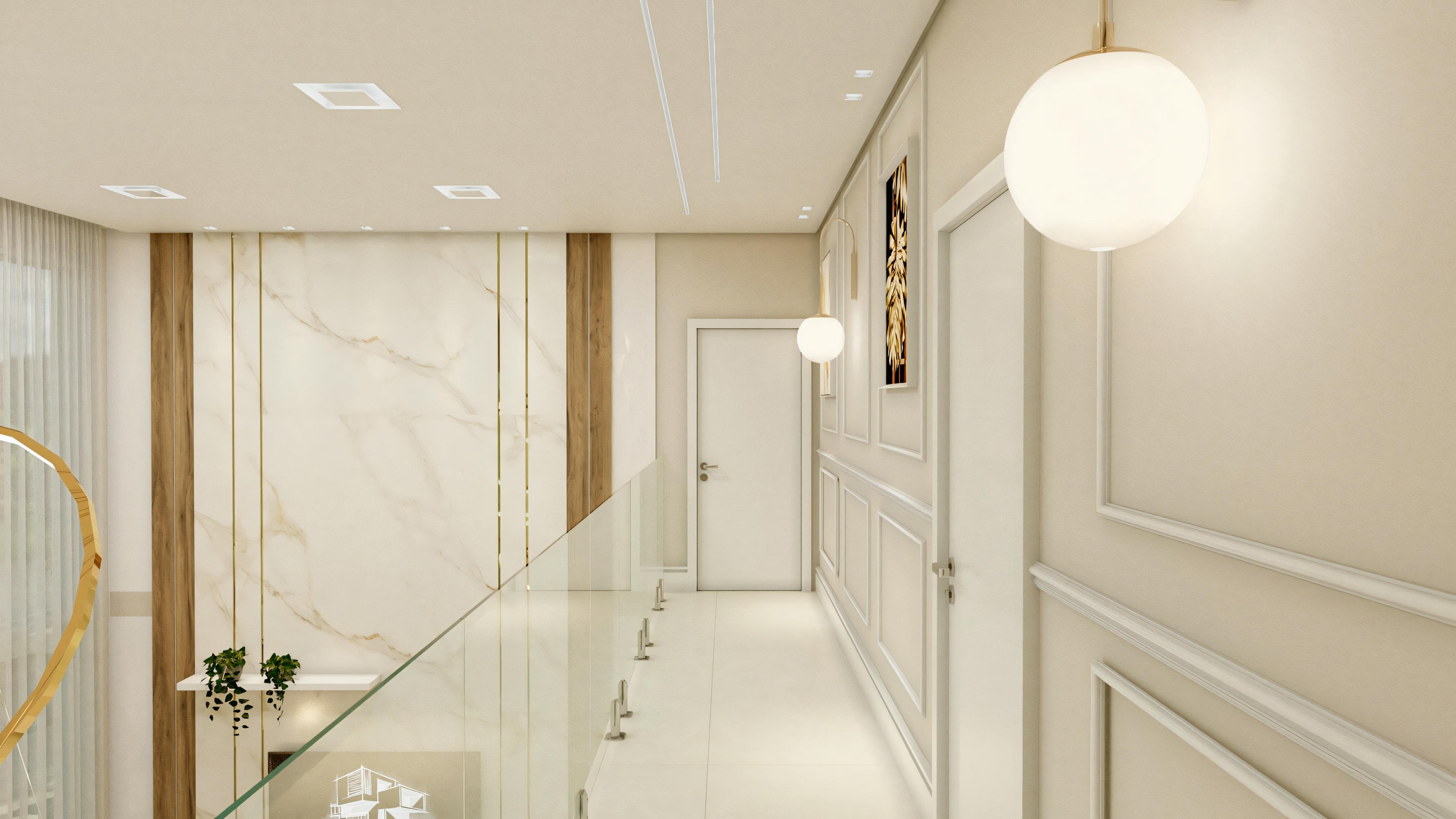 A modern hallway with light walls, decorative moldings, and ceiling lights.