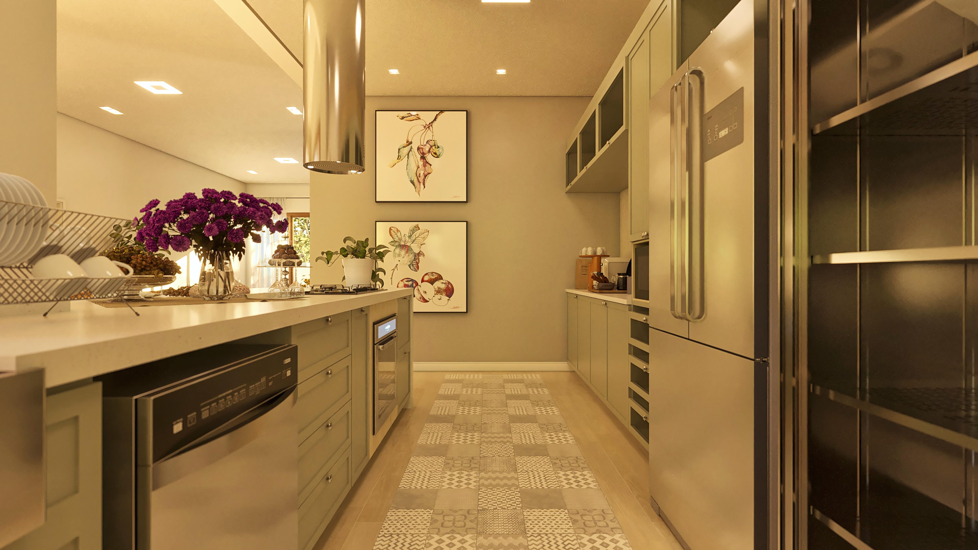 Interior of a modern kitchen with planned cabinets in neutral tones, island with light countertop, stainless steel appliances, and a touch of color with flowers and frames.