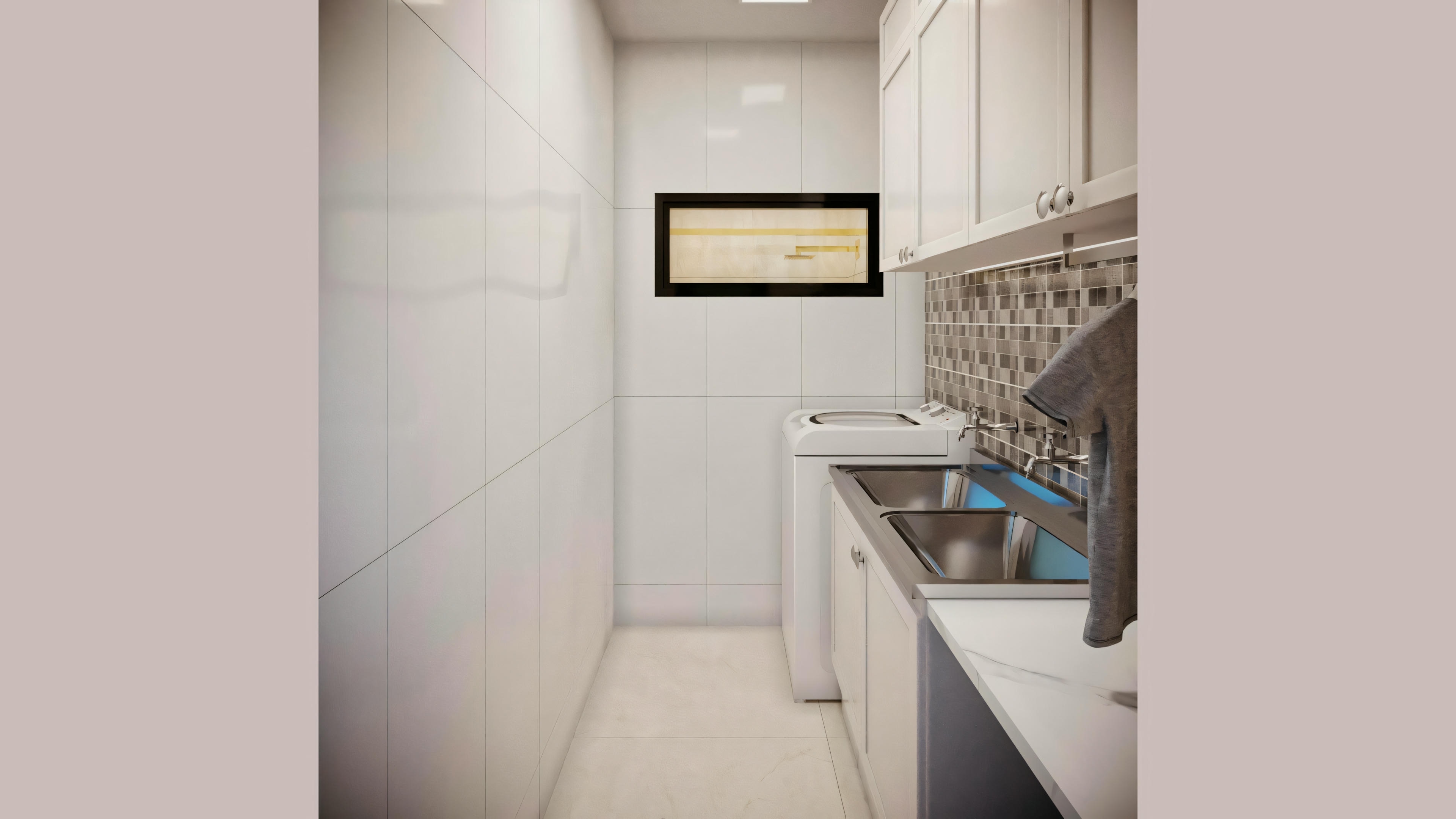 A modern laundry room com branco cabinets, a washing machine, e a sink.
