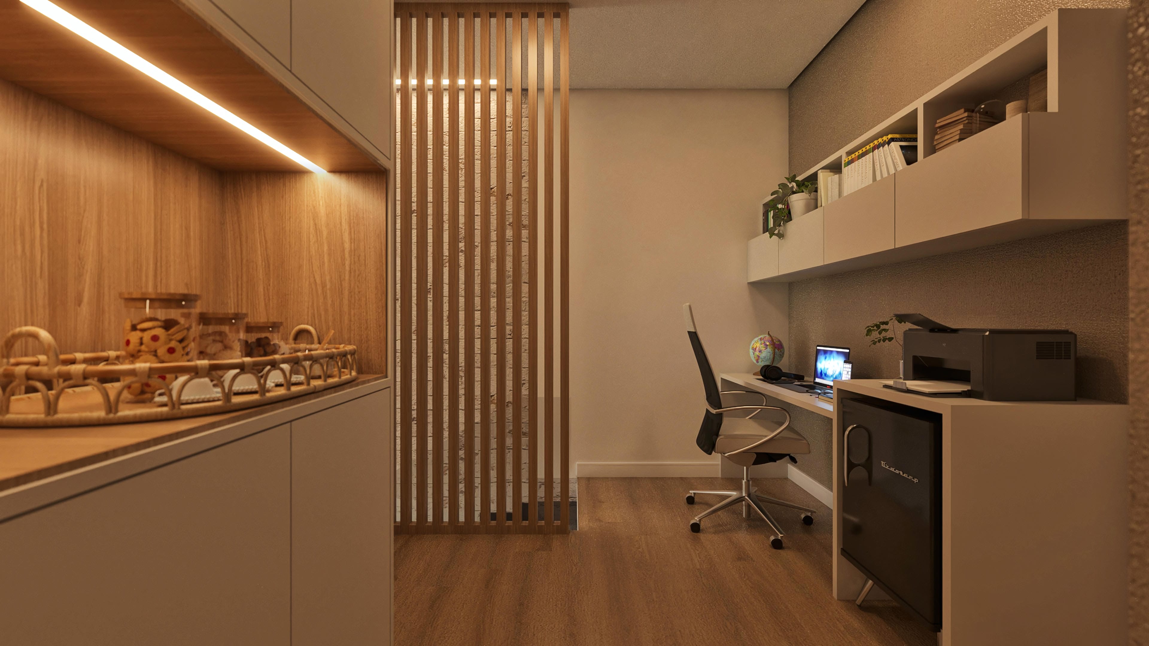 Modern office environment with light woodwork, slatted wood divider, wood-look flooring, and recessed LED lighting. White bookcase with books and decorative objects.