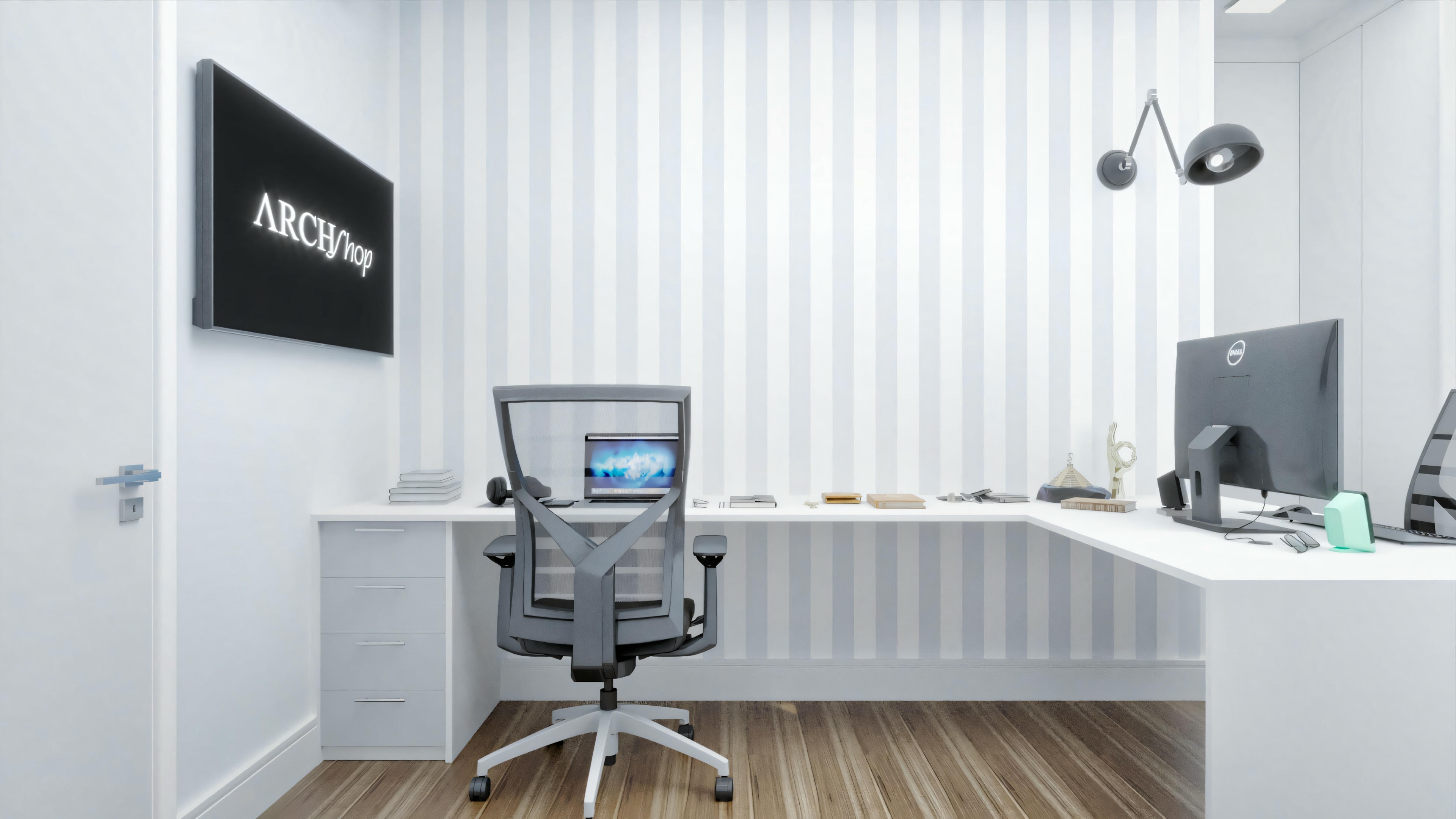 A modern office with a desk, computer setup, and ergonomic chair. The room has white walls with horizontal stripes and a large window on the left that allows natural light to enter.