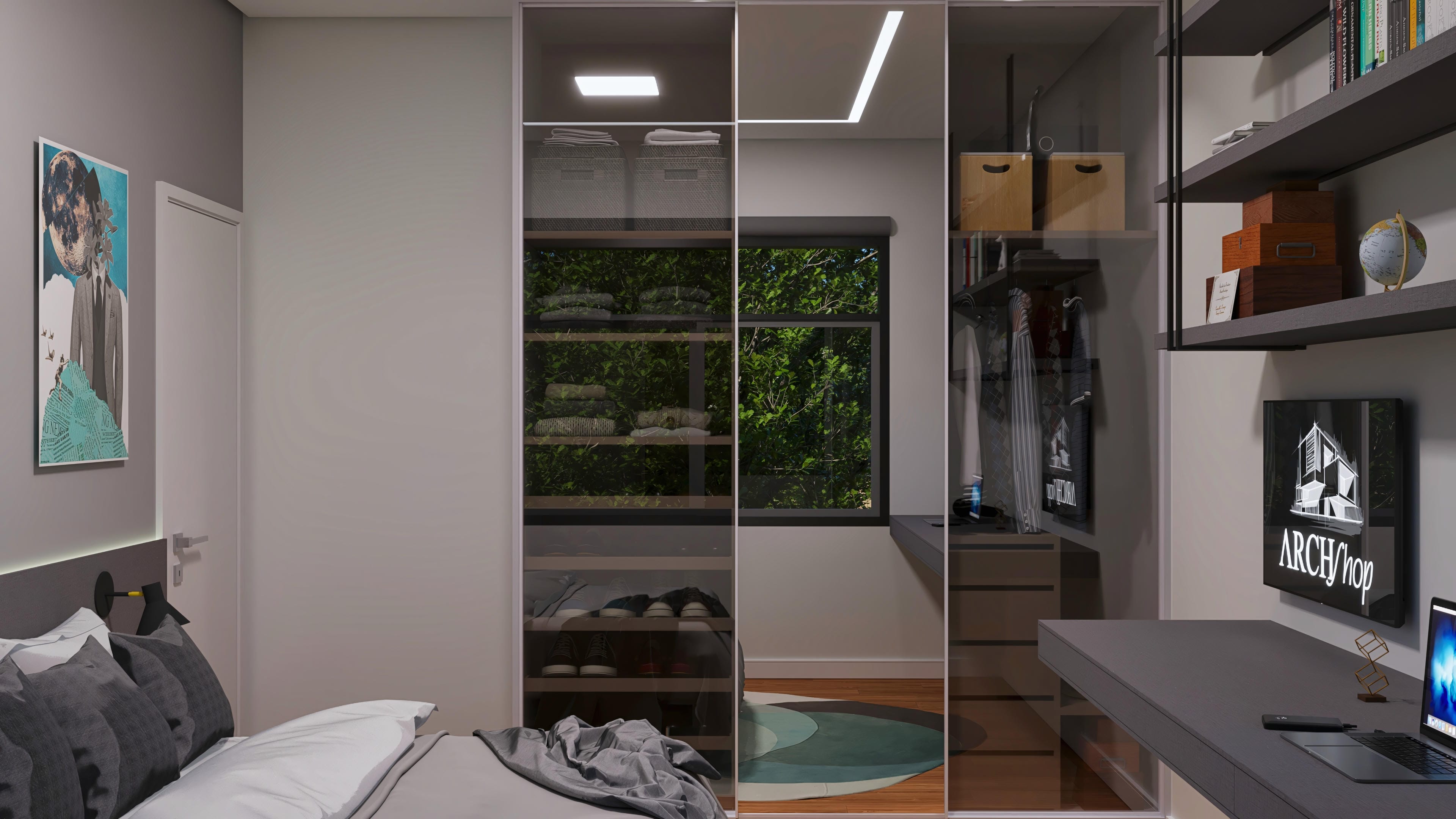 Interior de um quarto moderno com closet espelhado, cama aconchegante, escritório integrado e janela com vista para área verde.