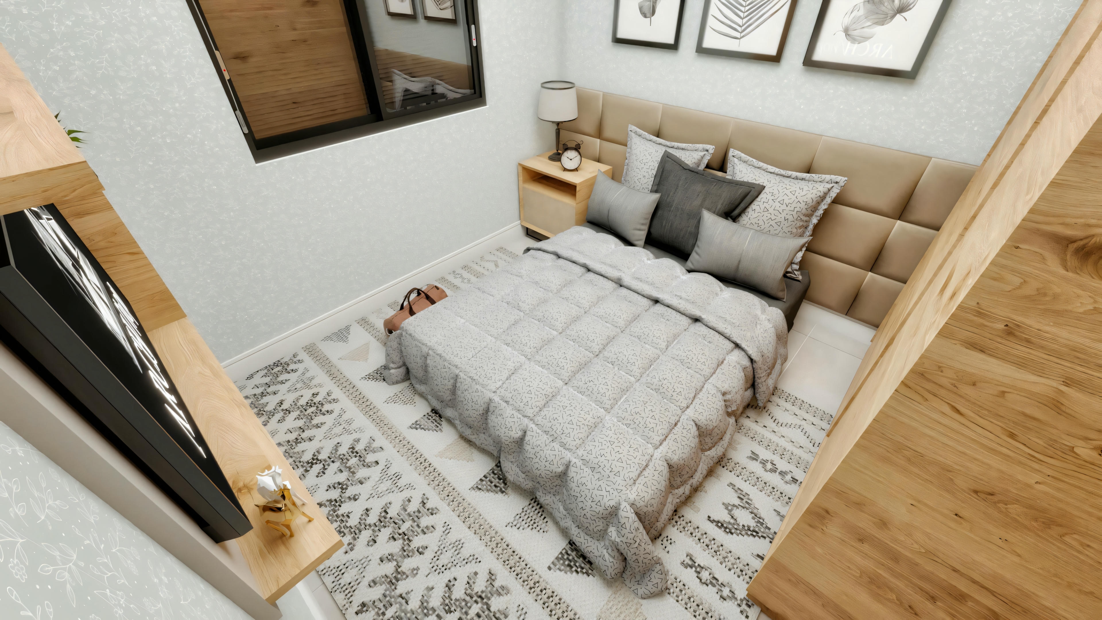 Vista superior de quarto de casal em casa de campo com cama queen-size, criado-mudo com abajur e tapete geométrico.