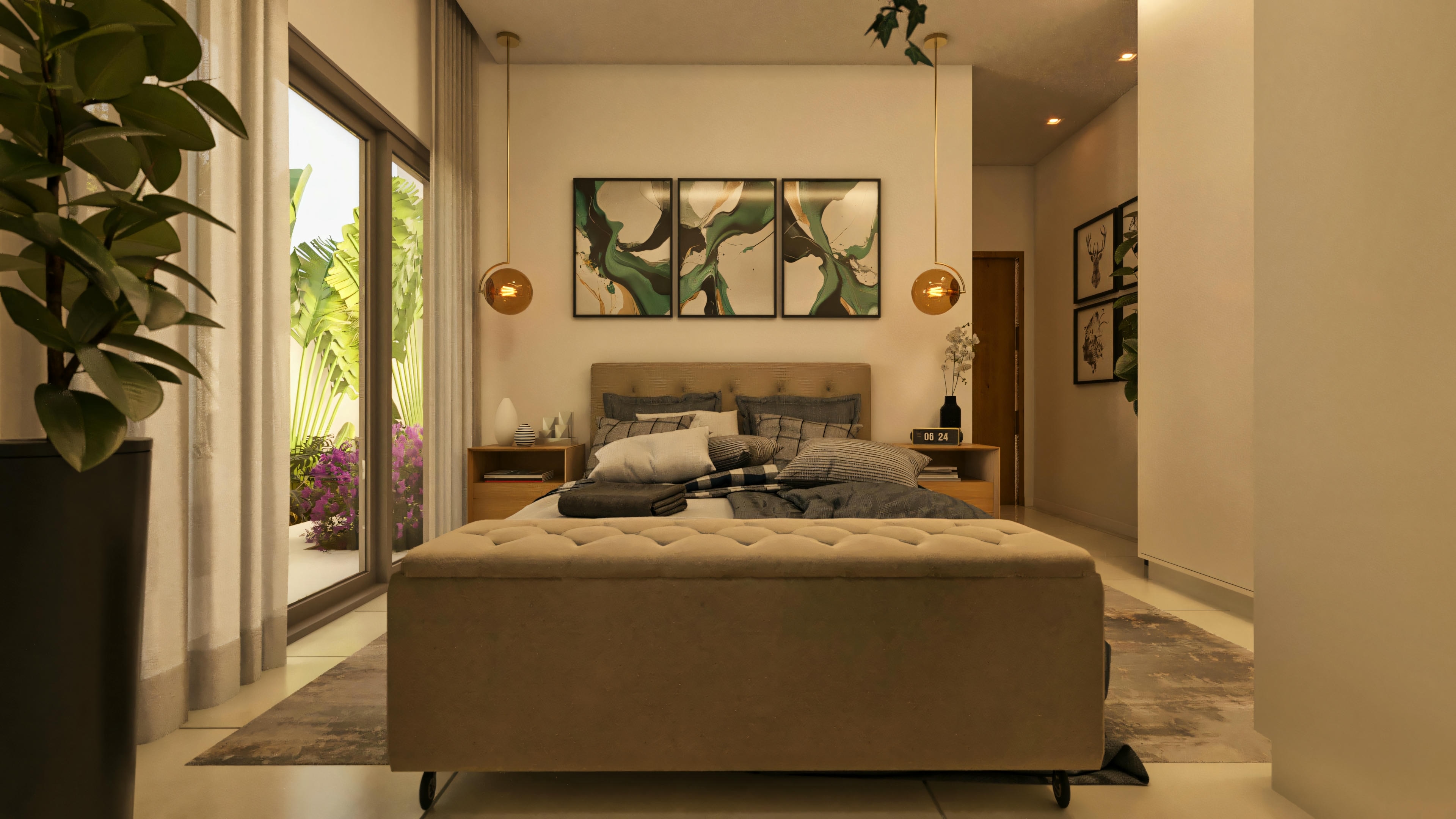 habitación con decoración moderna y grandes ventanas de cristal.