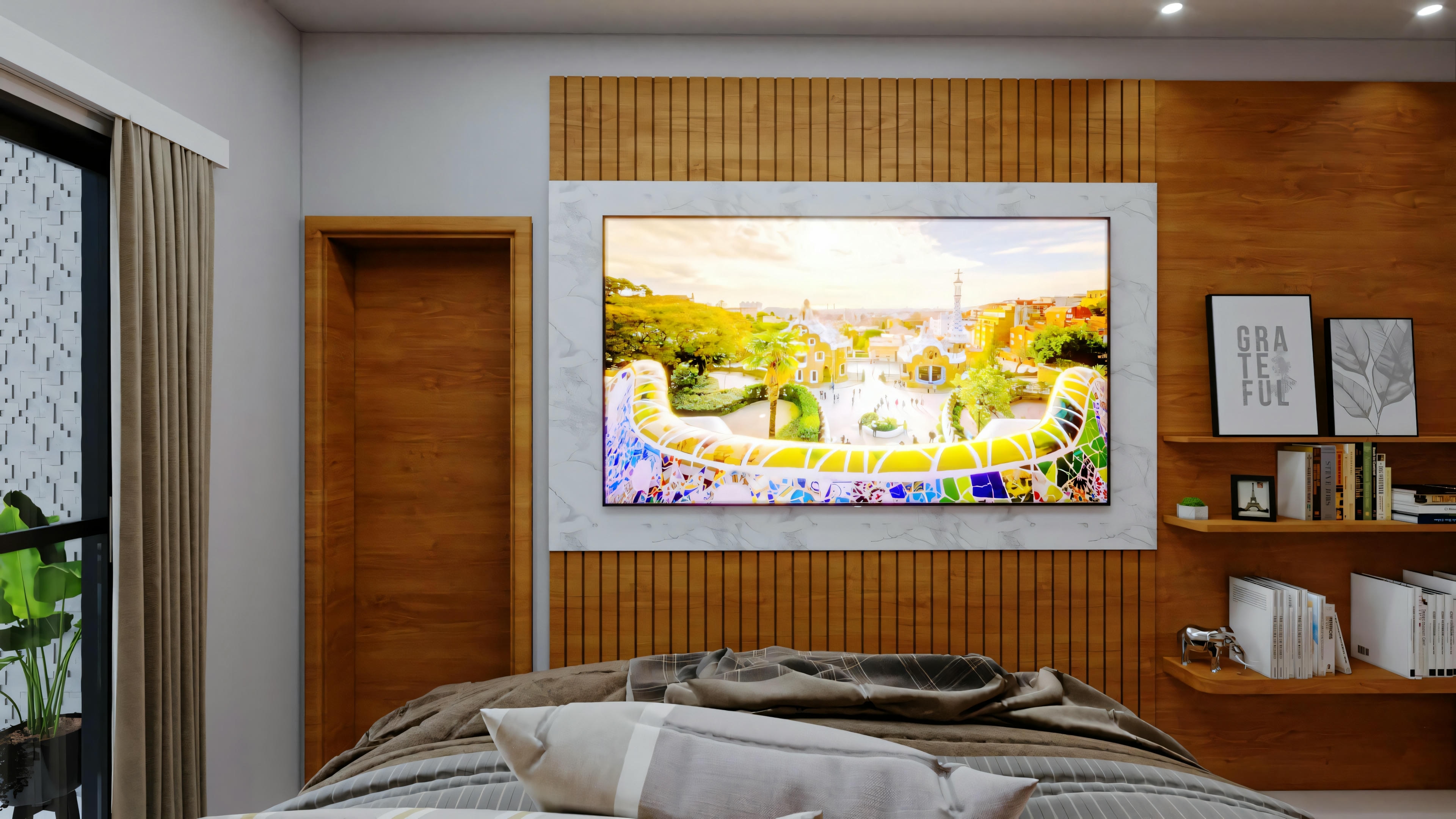 Um quarto com uma cama grande coberta por uma colcha cinza e branca com padrão. Acima da cama, há uma pintura de paisagem emoldurada, com vegetação e possivelmente água.
