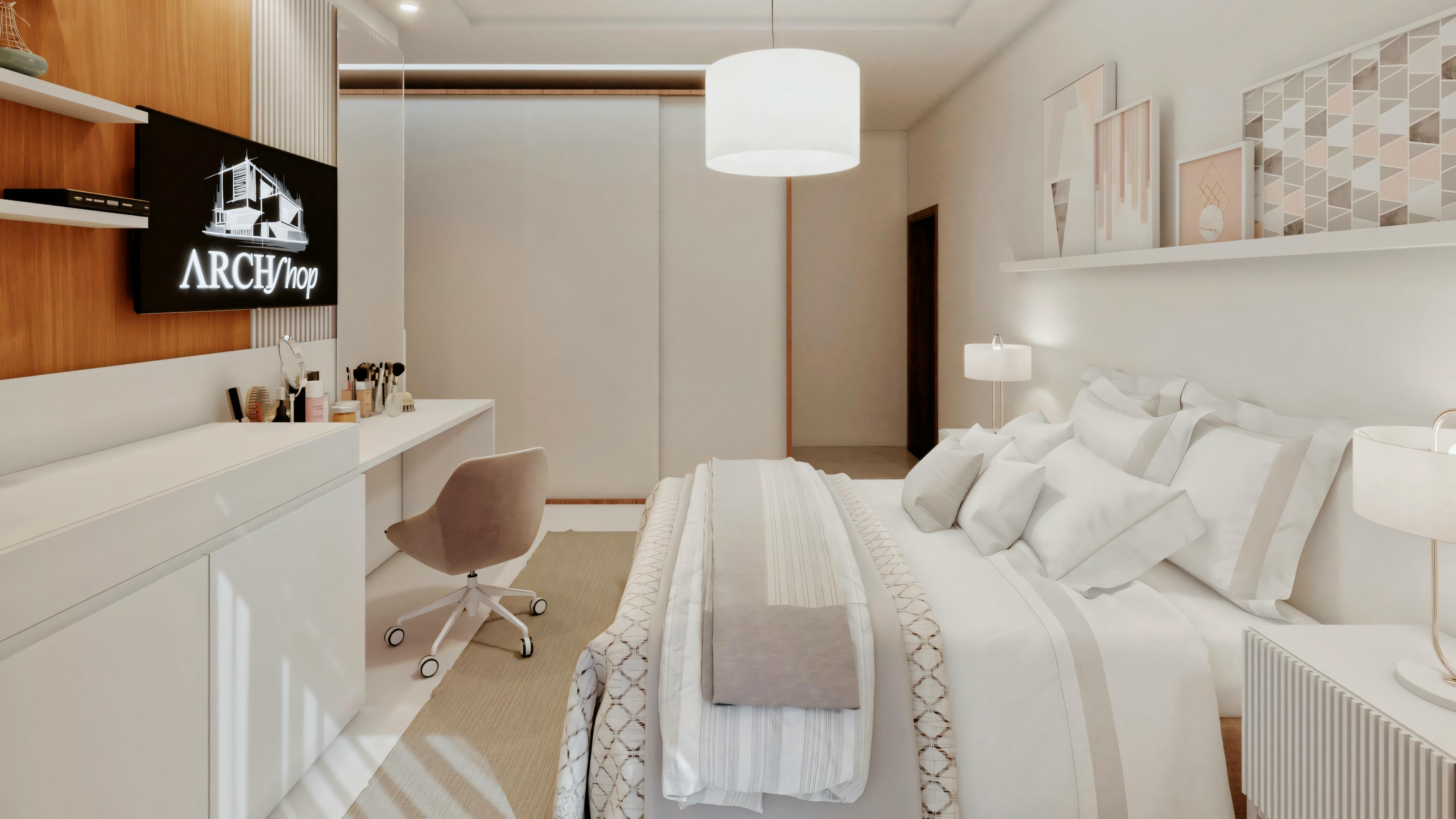 Um quarto moderno com uma cama de roupa de cama branca no centro, flanqueada por duas mesas de cabeceira com abajures.