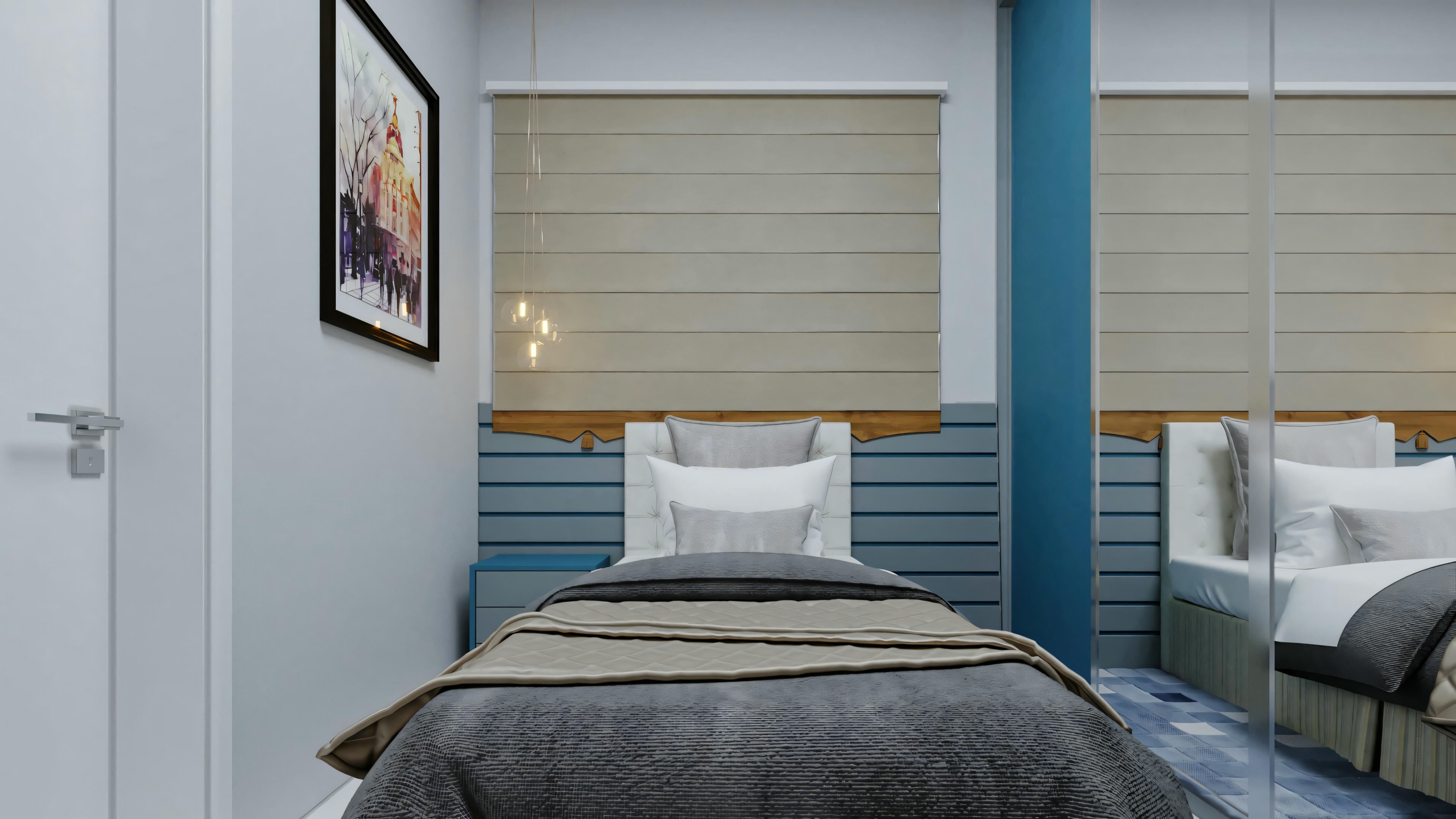Um quarto moderno com cama, mesas de cabeceira, luminárias e uma janela com persianas parcialmente fechadas.