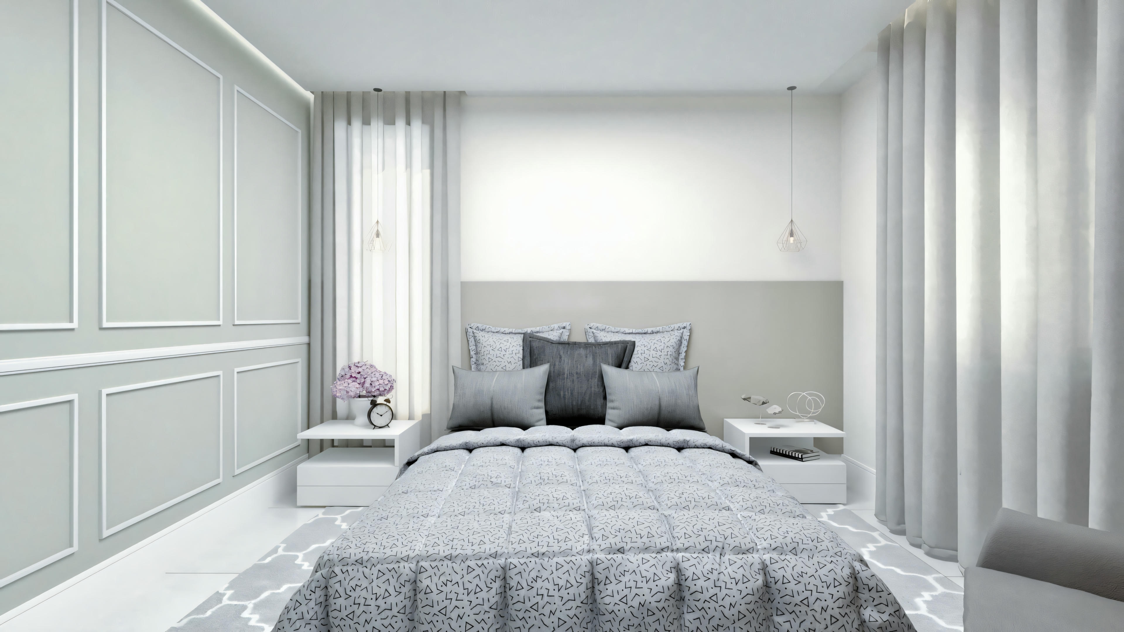 Um quarto moderno com cama arrumada, dois travesseiros e colcha texturizada. Há cortinas na janela à direita e paredes claras com detalhes de painéis.
