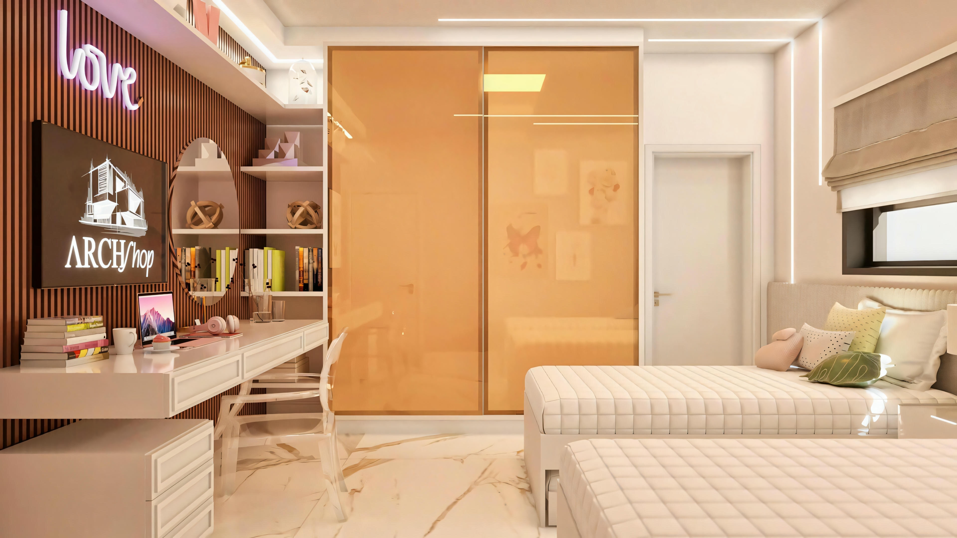 Quarto suíte moderno em projeto de casa de luxo, com duas camas, bancada de estudo, armário com portas de correr e decoração jovem.