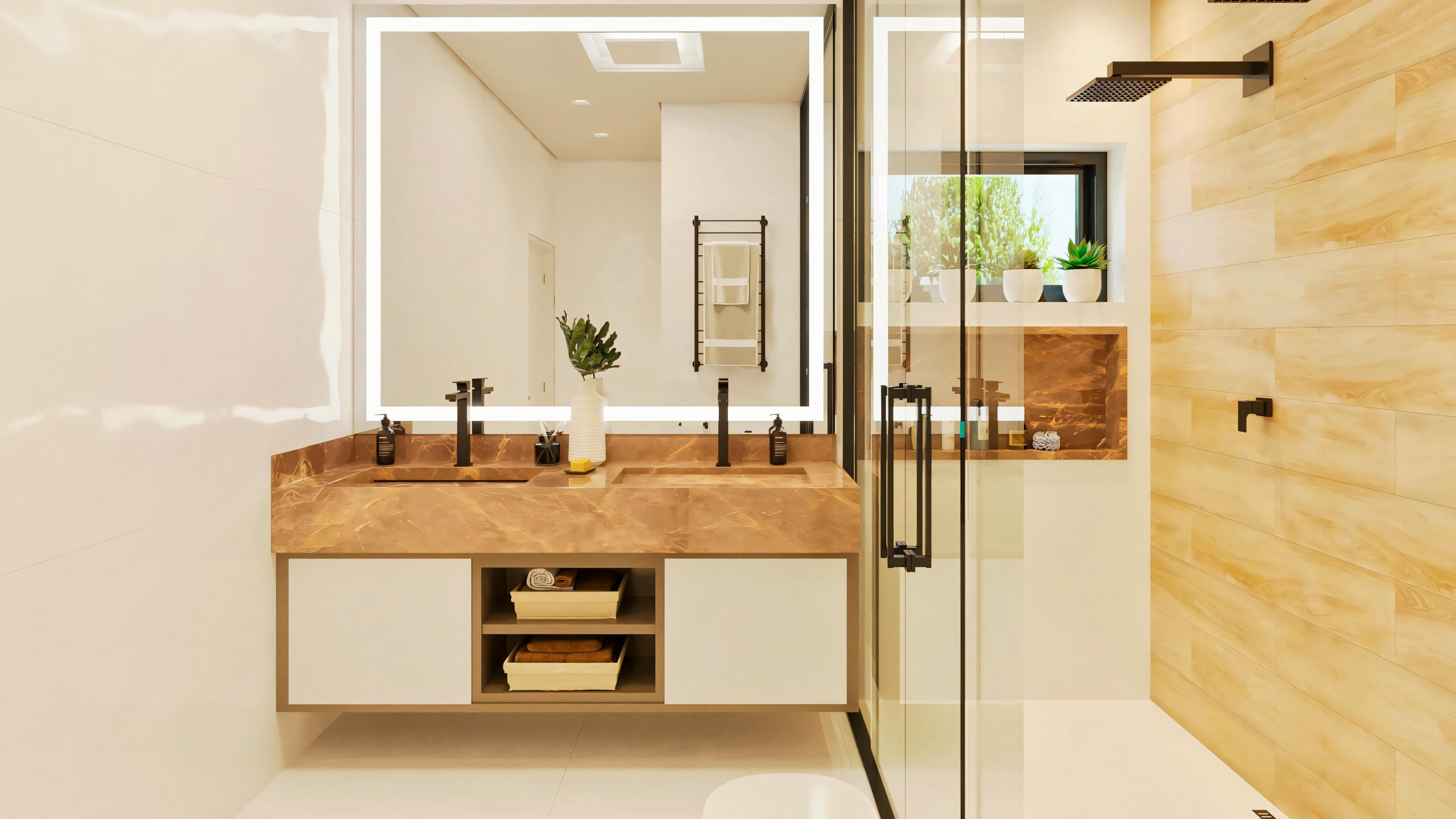 Master suite bathroom in the ready-made project with 5 suites, with a marble double sink countertop, illuminated mirror, white cabinet, and shower enclosure with niche.