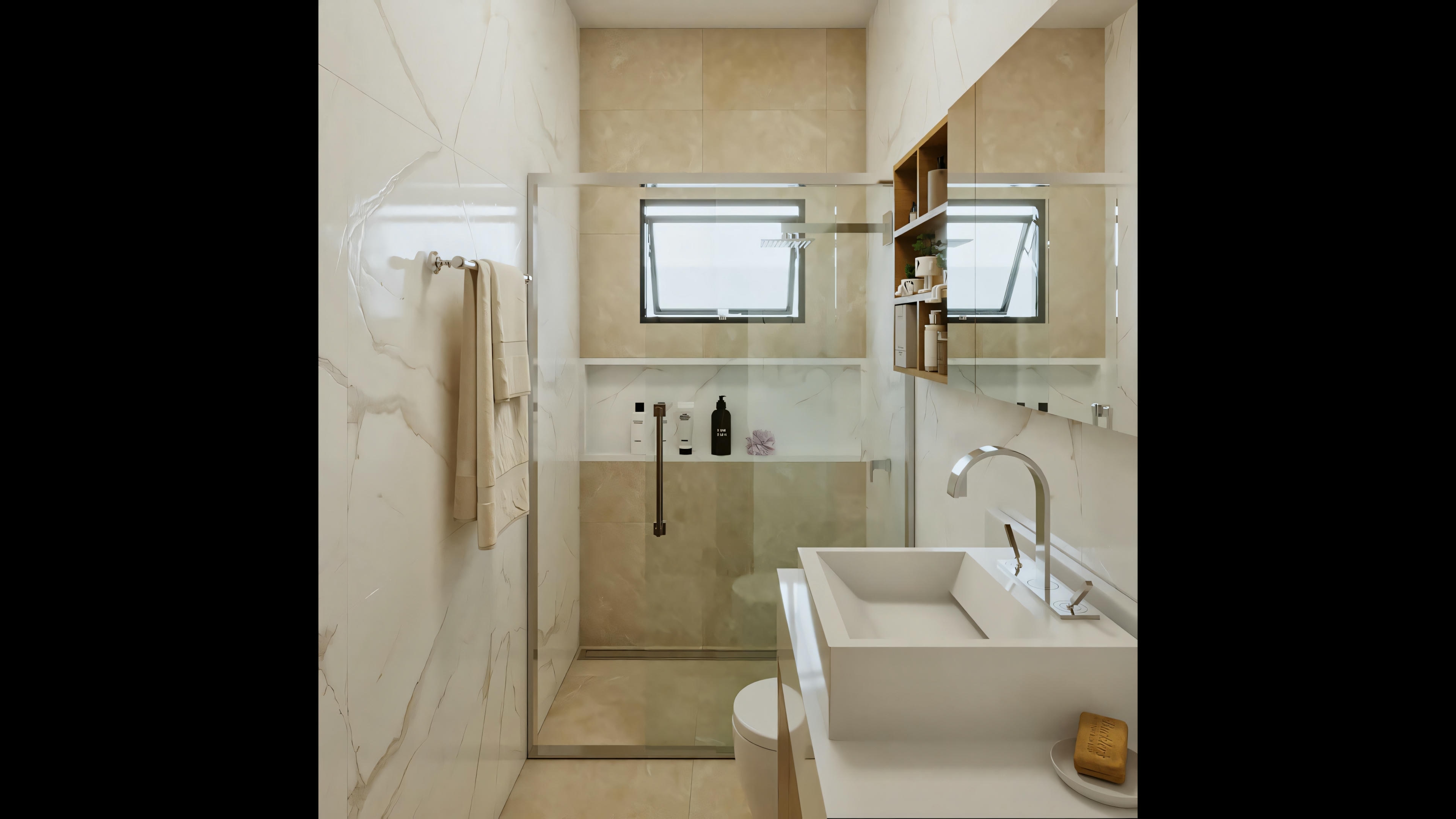 Detail of one of the 4 bathrooms of the ready-made single-story house project (with 2 suites), focusing on the shower stall area with light-colored coating, built-in niche, shower, tempered glass door, and high tilt window for natural lighting and ventilation.