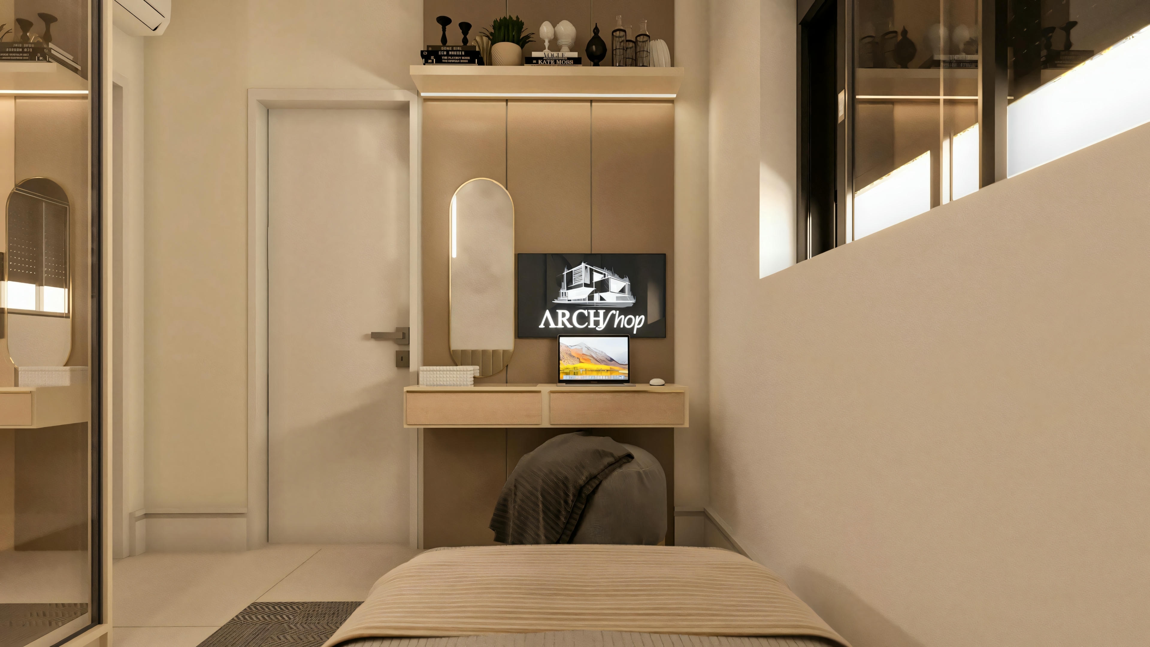 View of the suite bedroom in the 3-bedroom ranch house, from the bed. Shows the vanity/countertop with a panel, mirror, and TV, a white entrance door to the side, and a mirrored closet on the left.