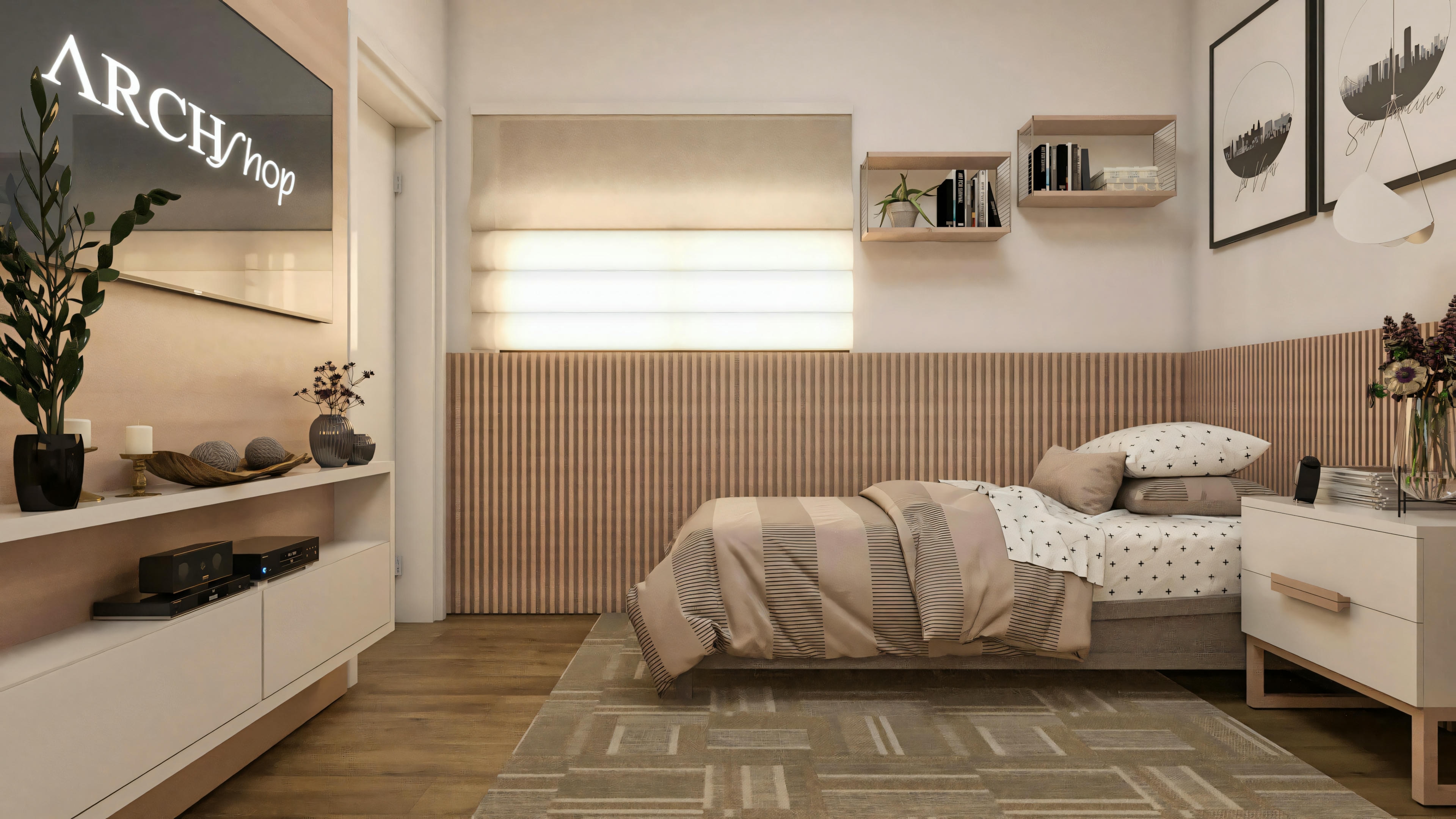 Ángulo mostrando el área de TV y ventana en una de las 3 suites de la casa de dos pisos en terreno 10x25 (194.7m²). Detalles incluyen panel de TV con estante, panel listonado en la pared de la cama, persiana romana y estanterías de pared.