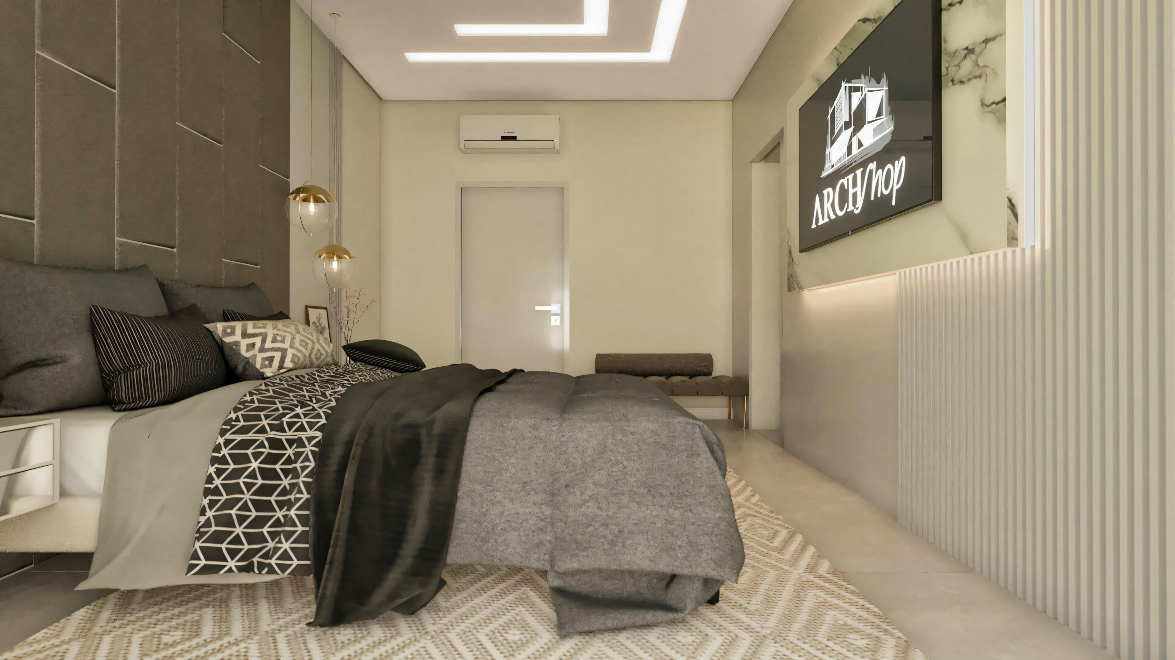 Otro ángulo de la suite principal del proyecto de casa moderna de una planta con 3 habitaciones (planta de 203.67m²). Foco en el panel de TV con acabado marmolado y listonado, y en la decoración sofisticada de la habitación.