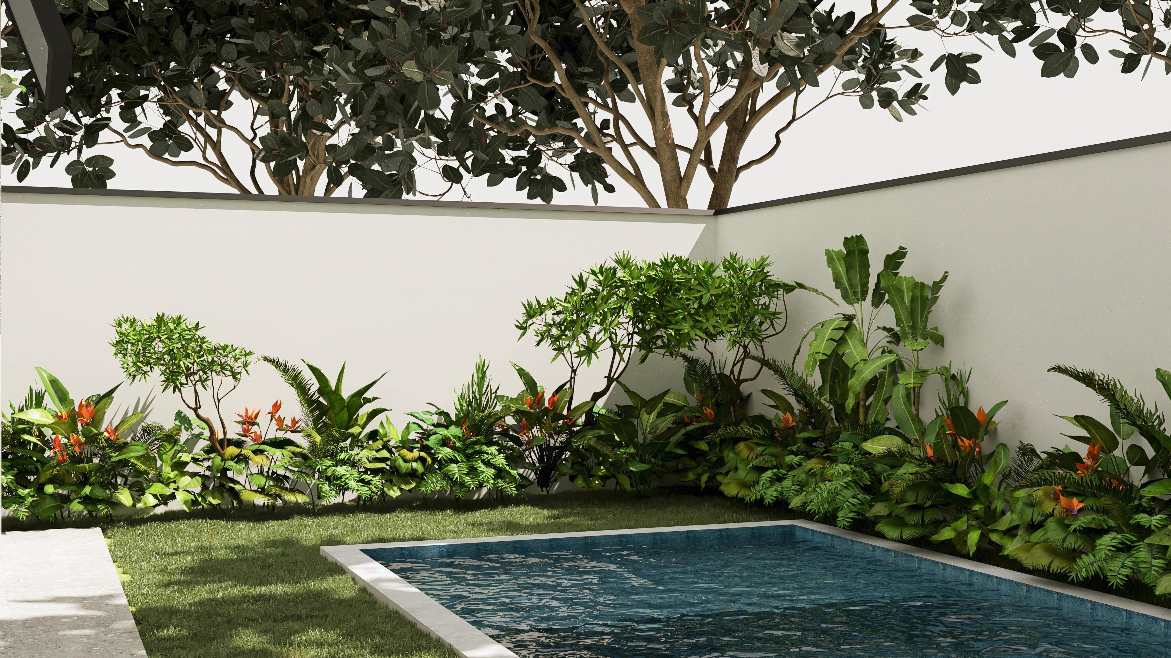 Proyecto de casa moderna con piscina, paisajismo exuberante y detalles de mármol en el borde del agua.