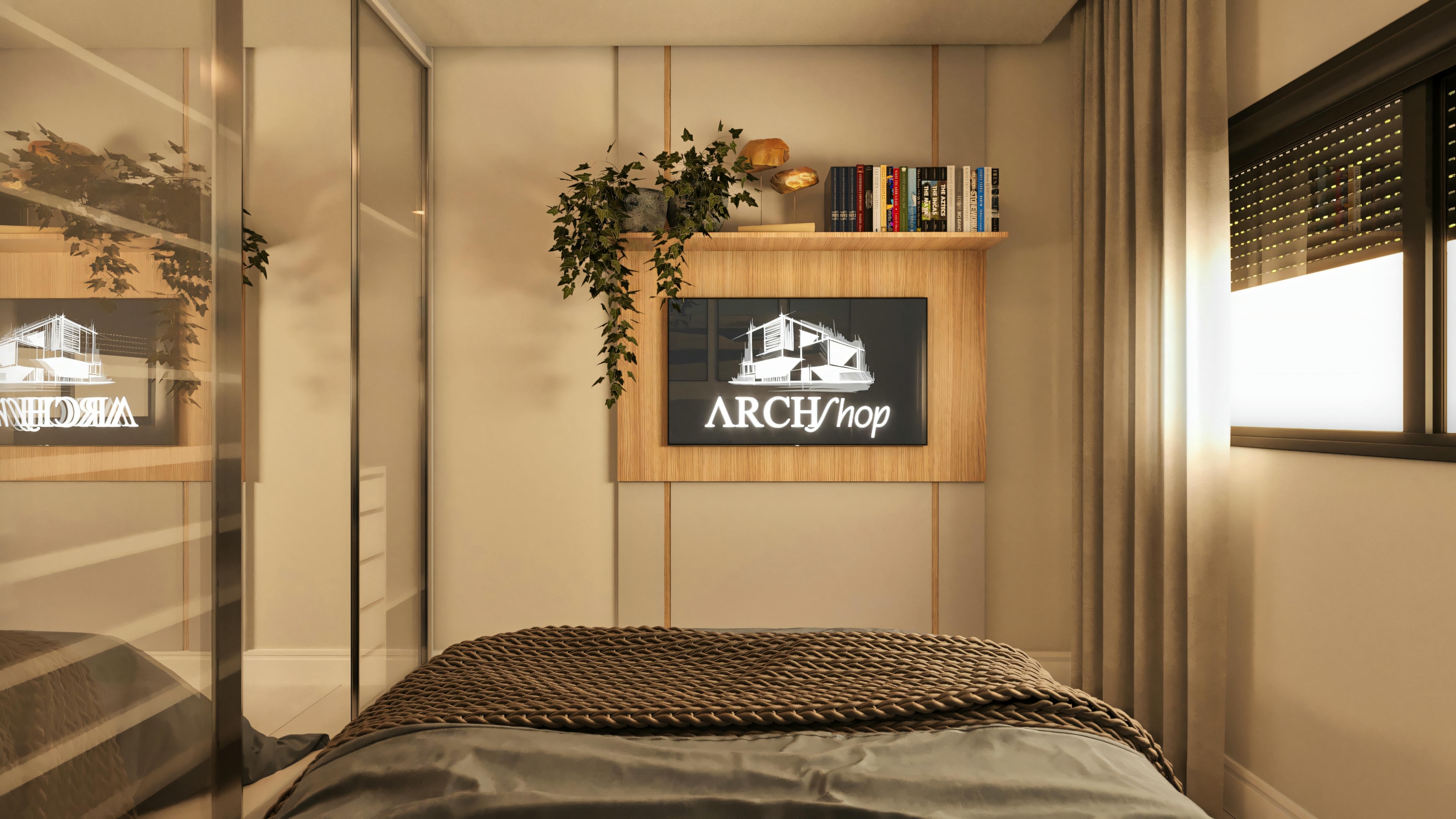 TV panel detail in wood with a decorative shelf in a master suite of a modern 3-bedroom house. Partial view of the bed with gray bedding, mirrored closet to the left, and window to the right.