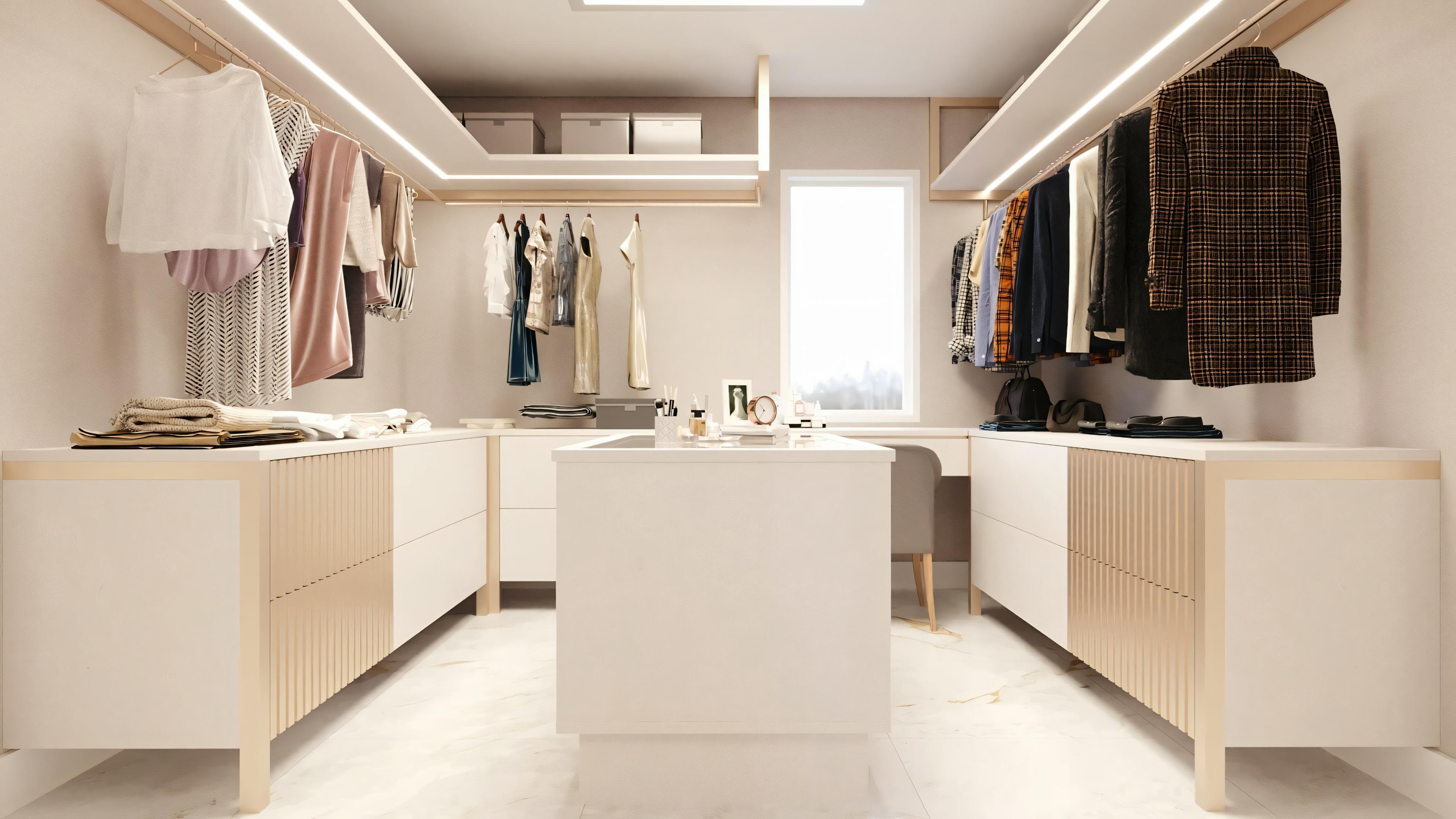 Um closet moderno com roupas organizadas em prateleiras e espaços para pendurar.