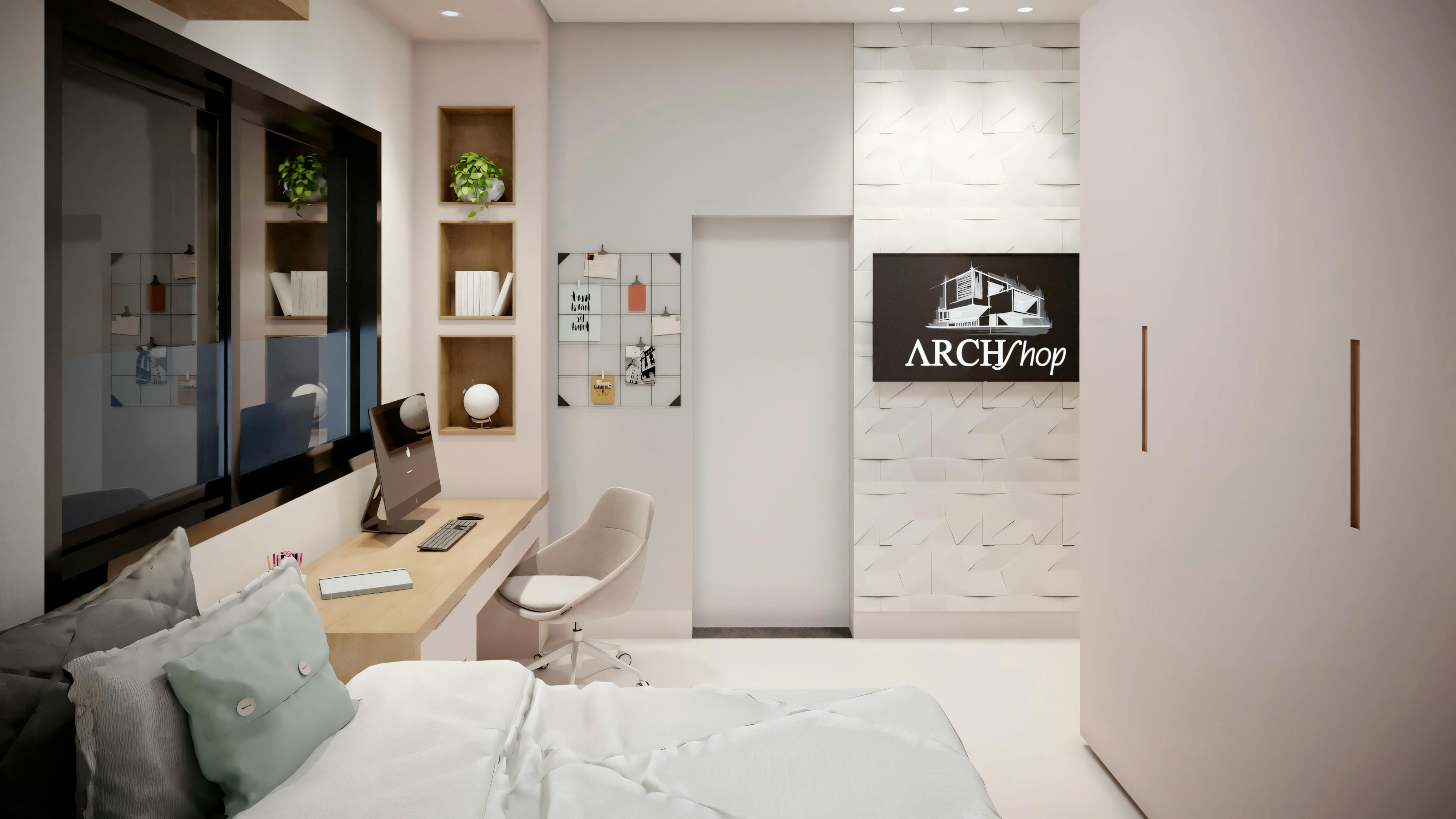 Otra vista del dormitorio moderno, mostrando parte de la cama, la zona de estudio y una puerta abierta que lleva a otra habitación.