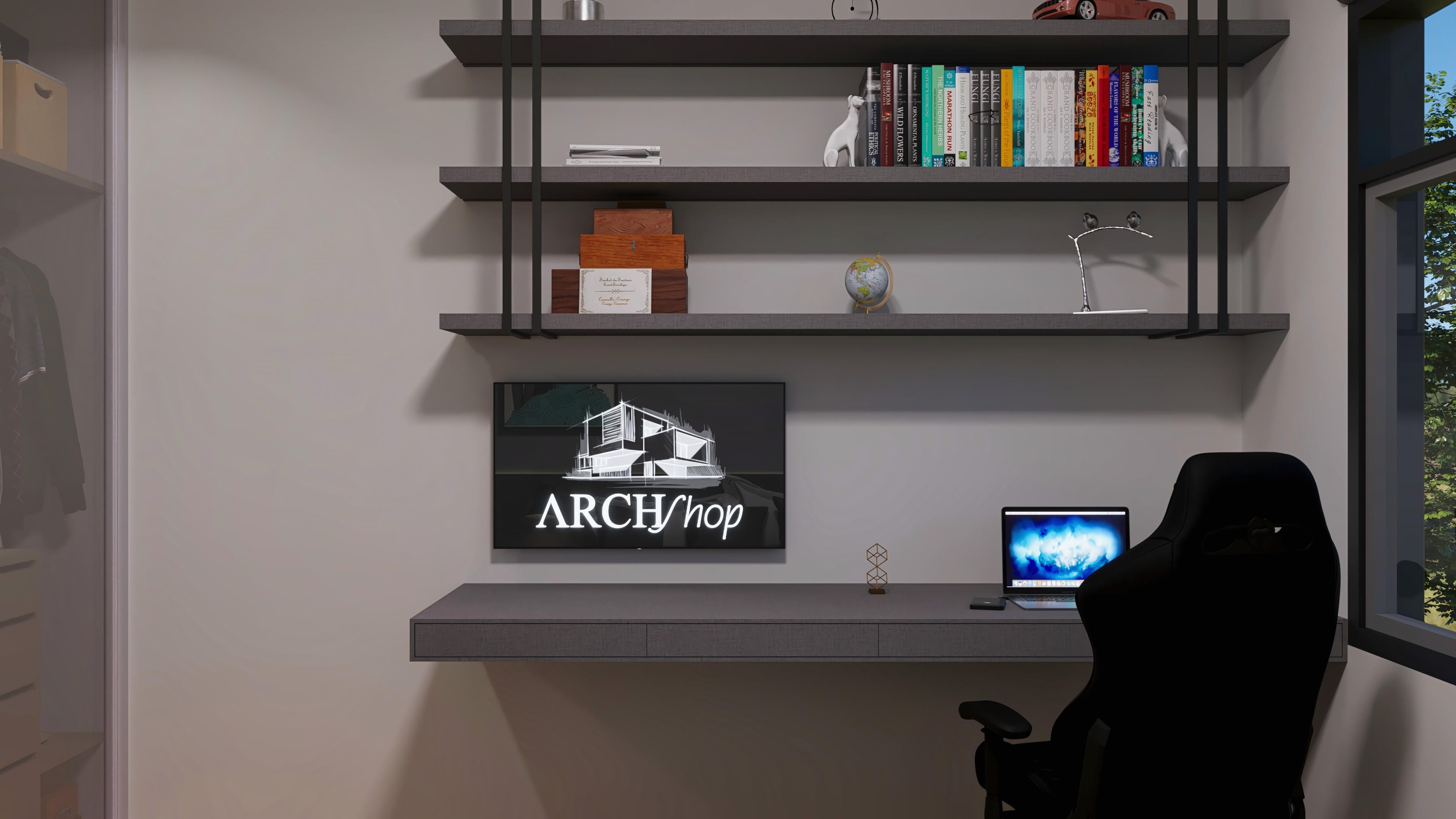 View of an office with gray shelves and modern lighting, displaying a computer and decorative objects. In the background, a screen shows a house sketch.