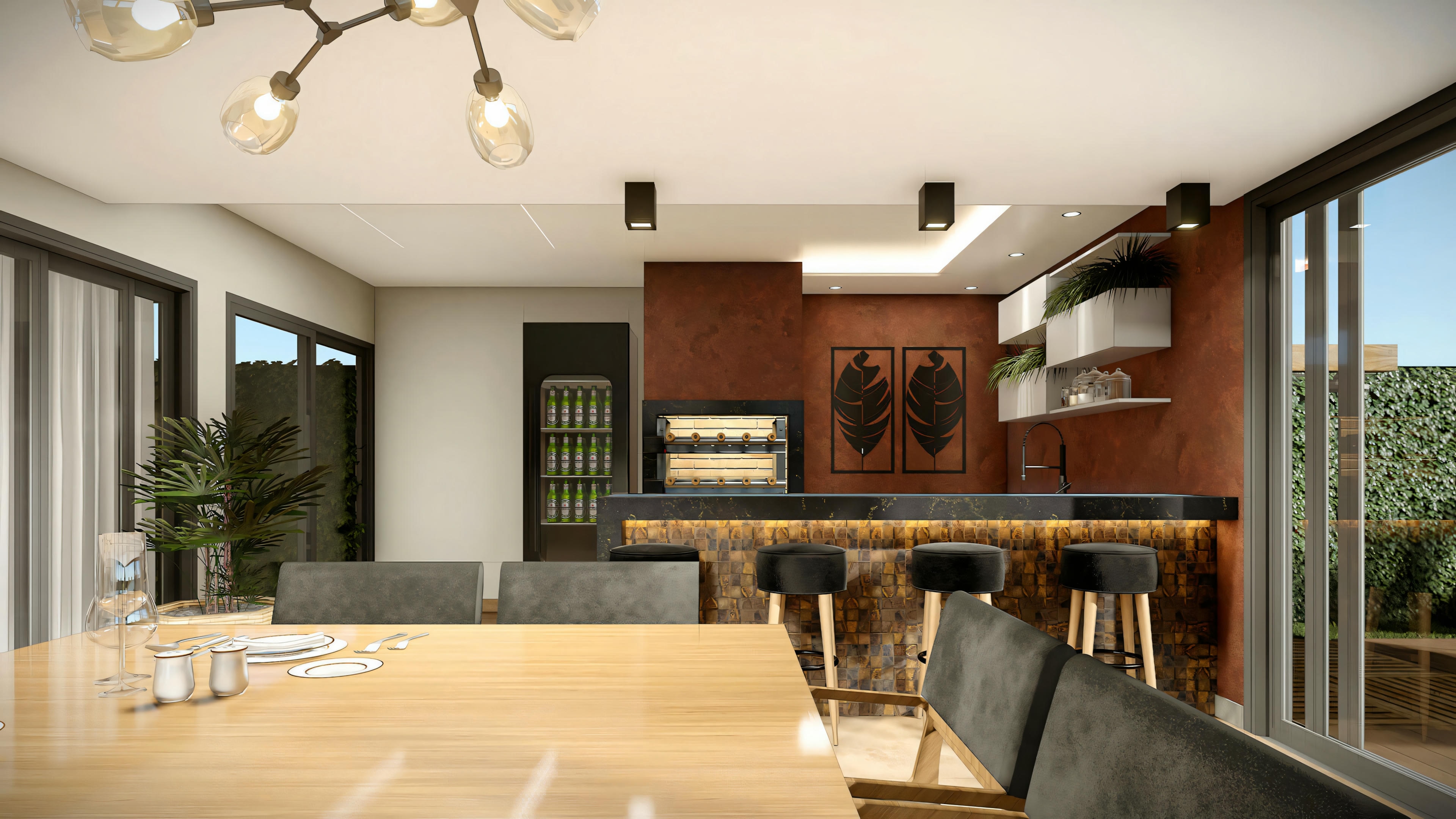 Uma área gourmet interna com cozinha moderna, mesa de jantar para seis pessoas e espaço de convivência com televisão e assentos.