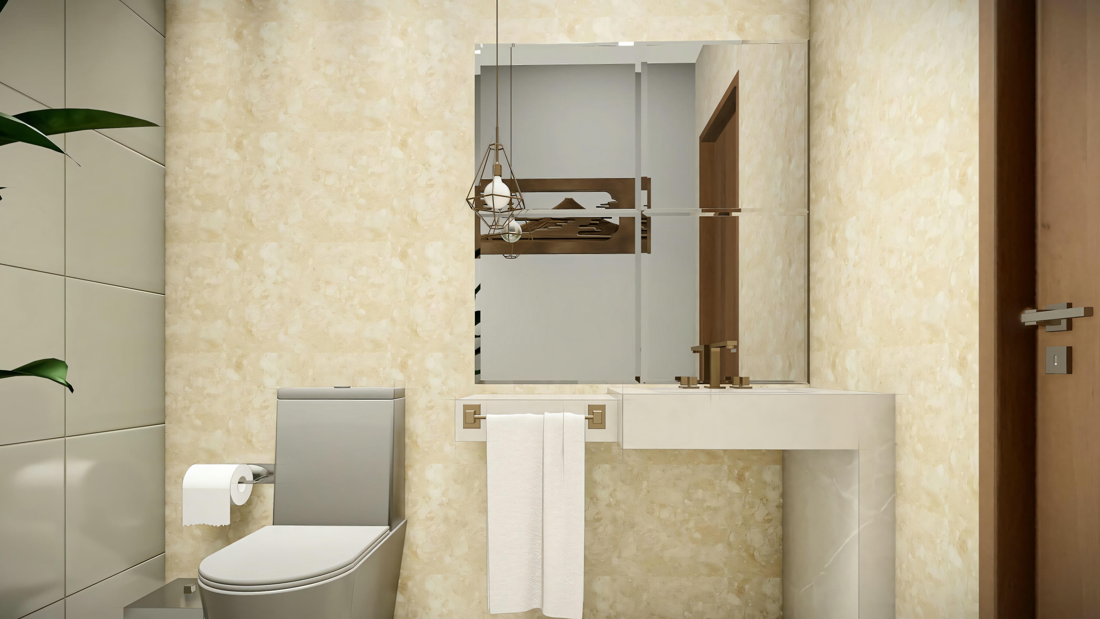 Visión frontal del aseo en el proyecto de casa, con inodoro a la izquierda, lavabo blanco de pared con toallero integrado, grifería de metal, espejo rectangular vertical en la pared revestida con porcelanato que imita mármol beige, reflejando la luminaria colgante.