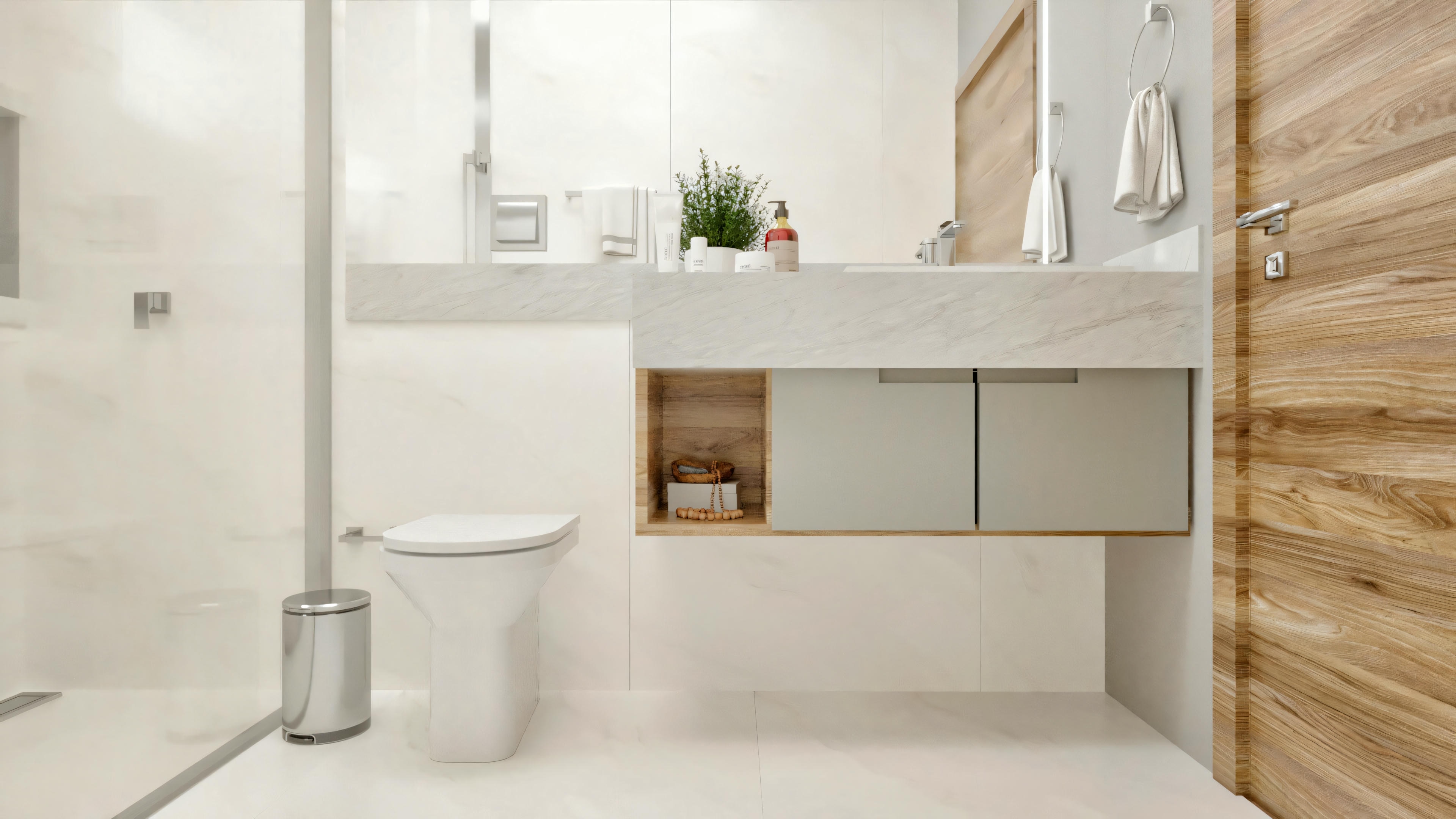 Banheiro moderno com vaso sanitário, bancada flutuante em pedra com nicho em madeira, box de vidro e porta em madeira, parte de um projeto de casa neoclássica com 5 banheiros.