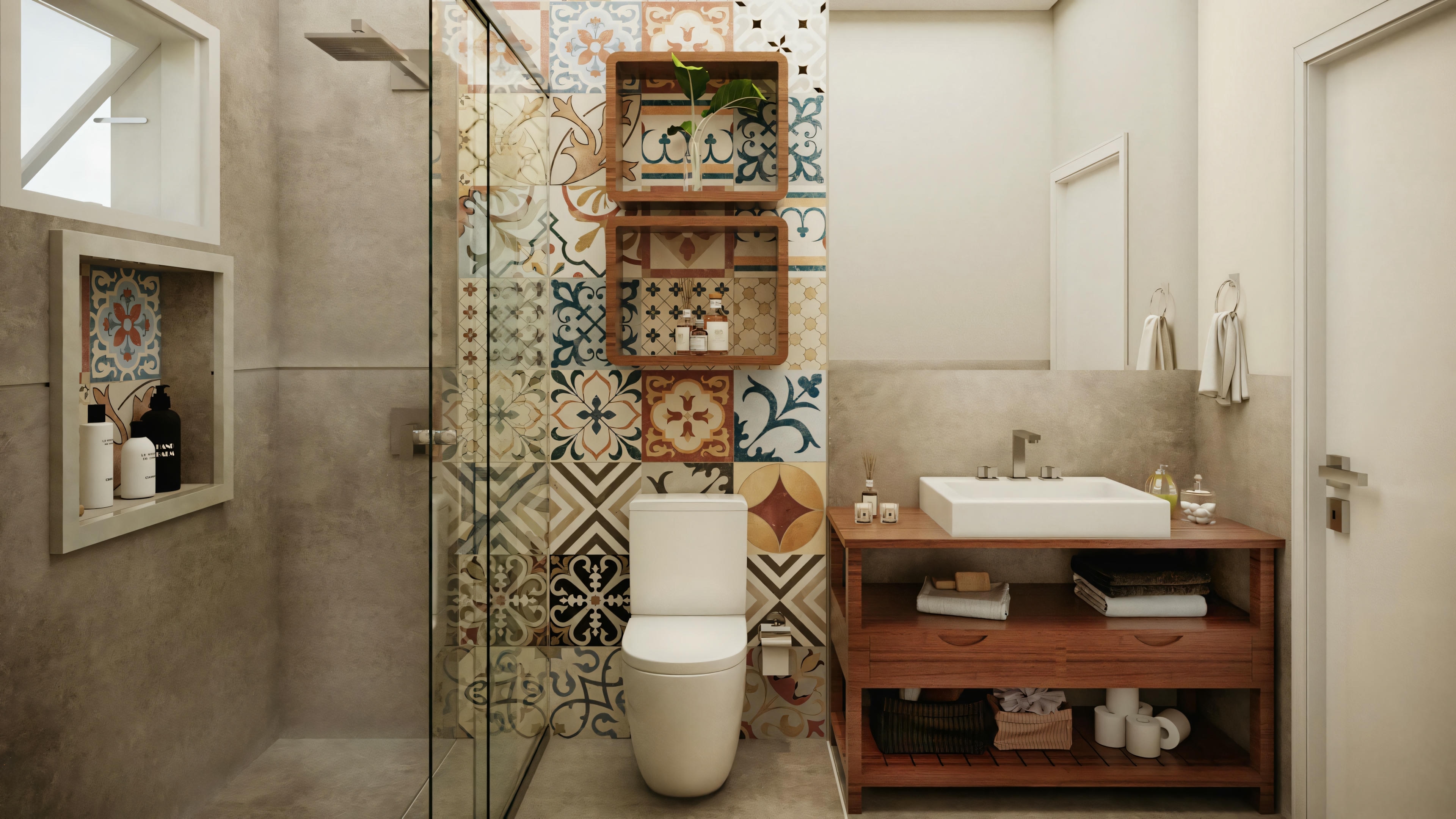 Baño con lavabo sobre base de madera, espejo y salpicadero de azulejos decorativos con plantas colgantes y estantes.