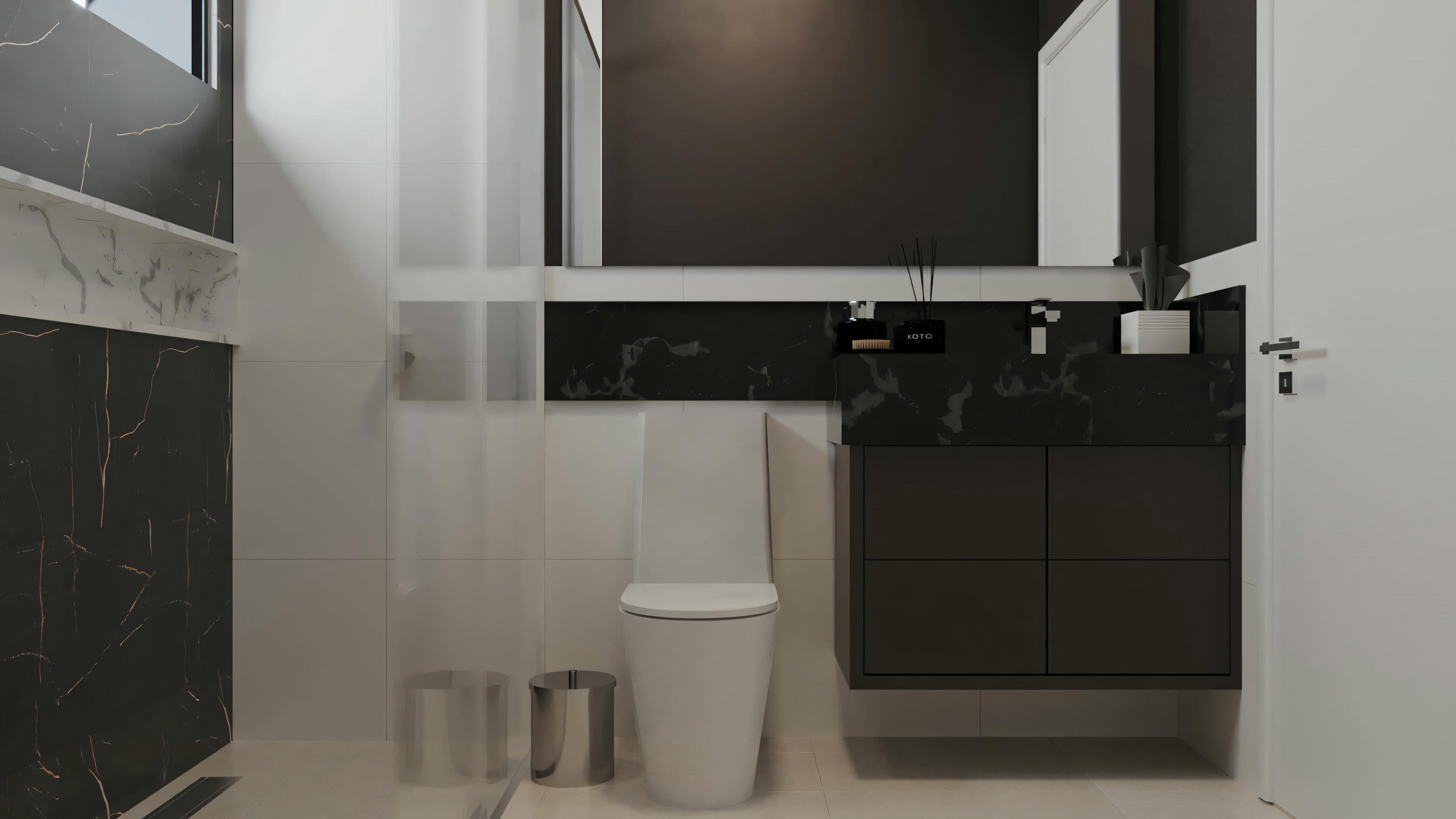 Un baño moderno con inodoro, lavabo con espejo arriba y gabinetes de color oscuro.