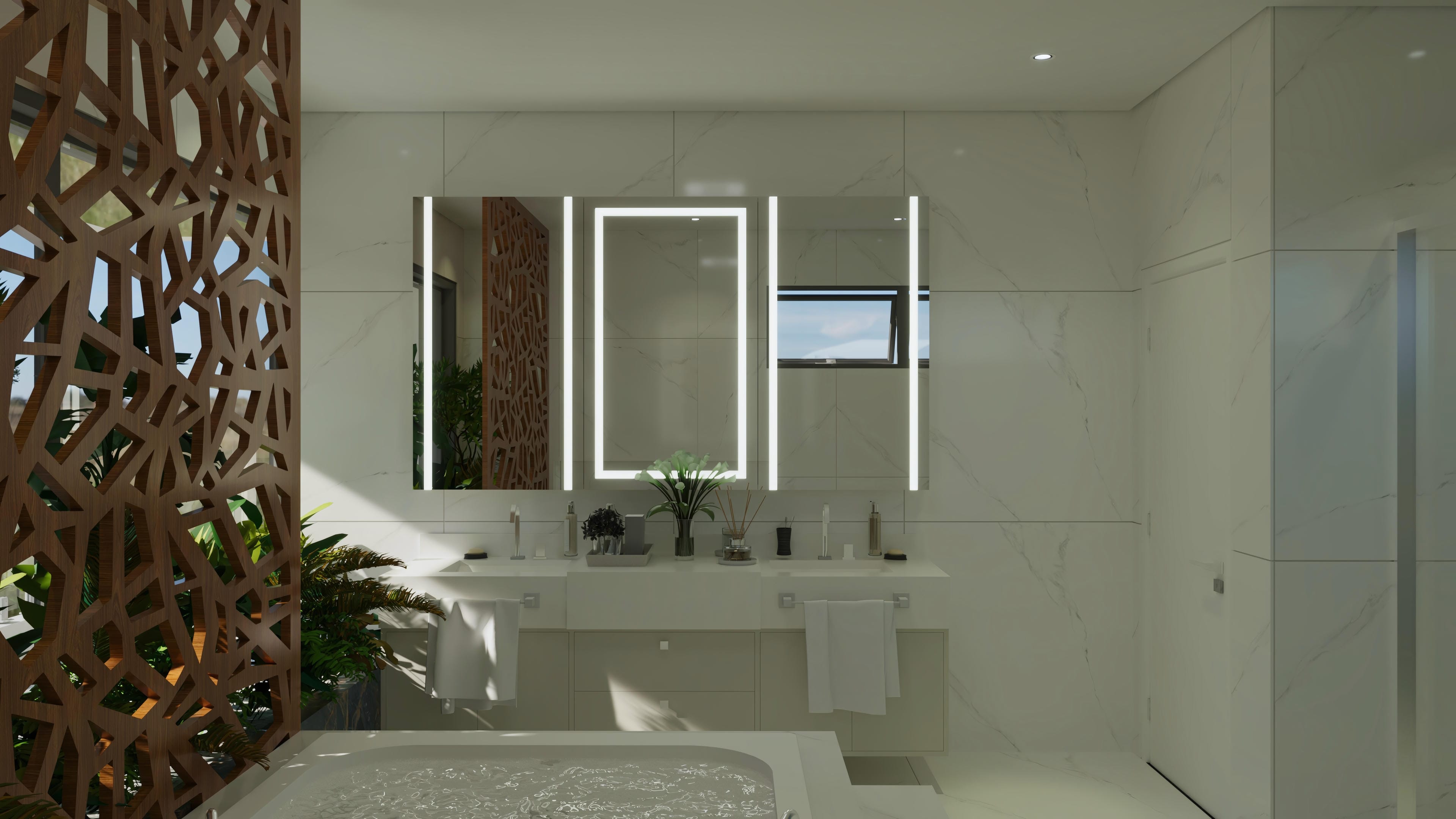 Baño con revestimiento de mármol, panel de madera calado con plantas, encimera con dos lavabos y espejo con iluminación LED.