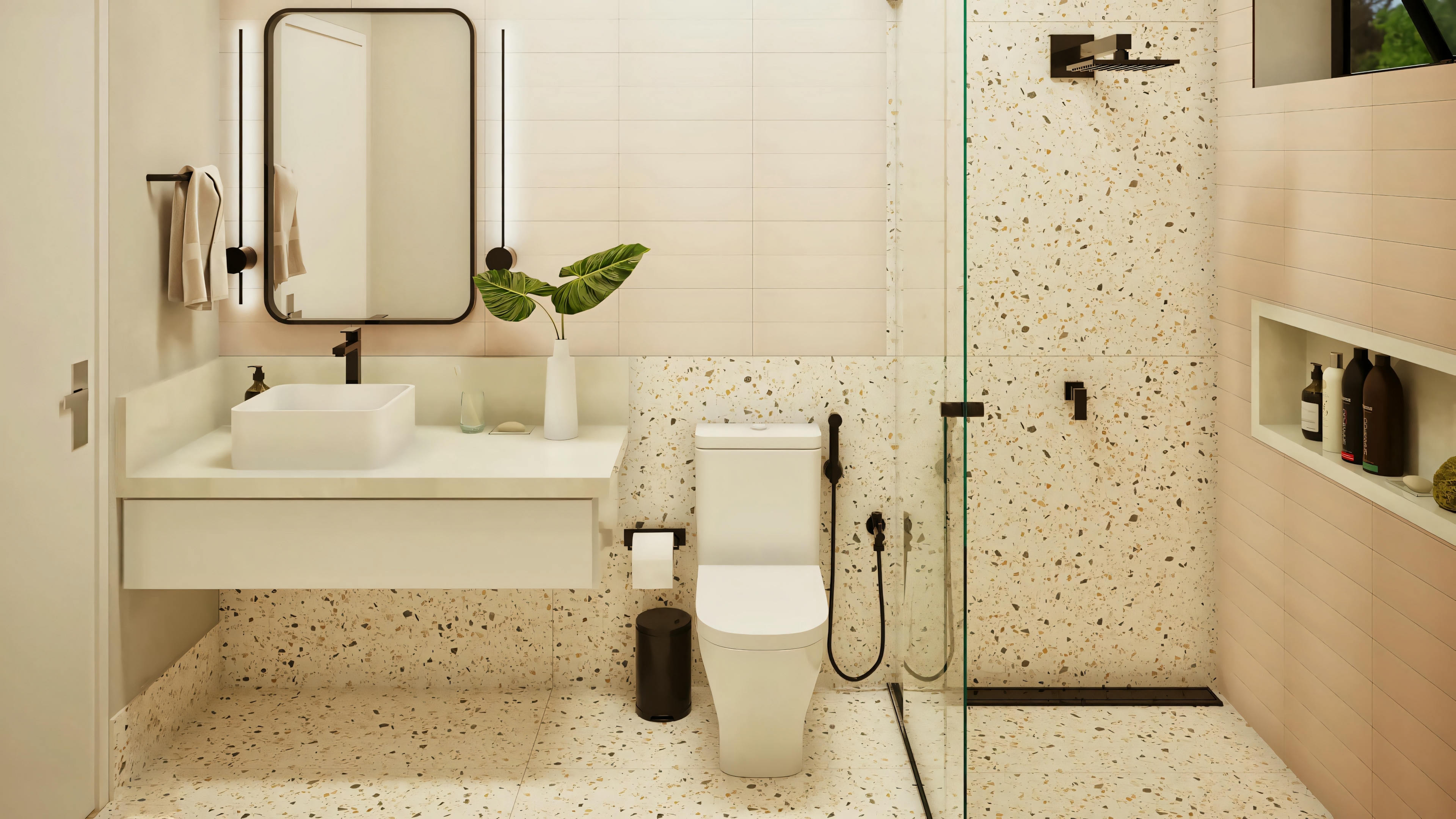 Vista frontal del baño moderno con piso y pared en granilite/terrazo, parte del plano listo de casa con 3 suites y área gourmet. Encimera flotante y box con nicho. Proyecto casa lista 368m².