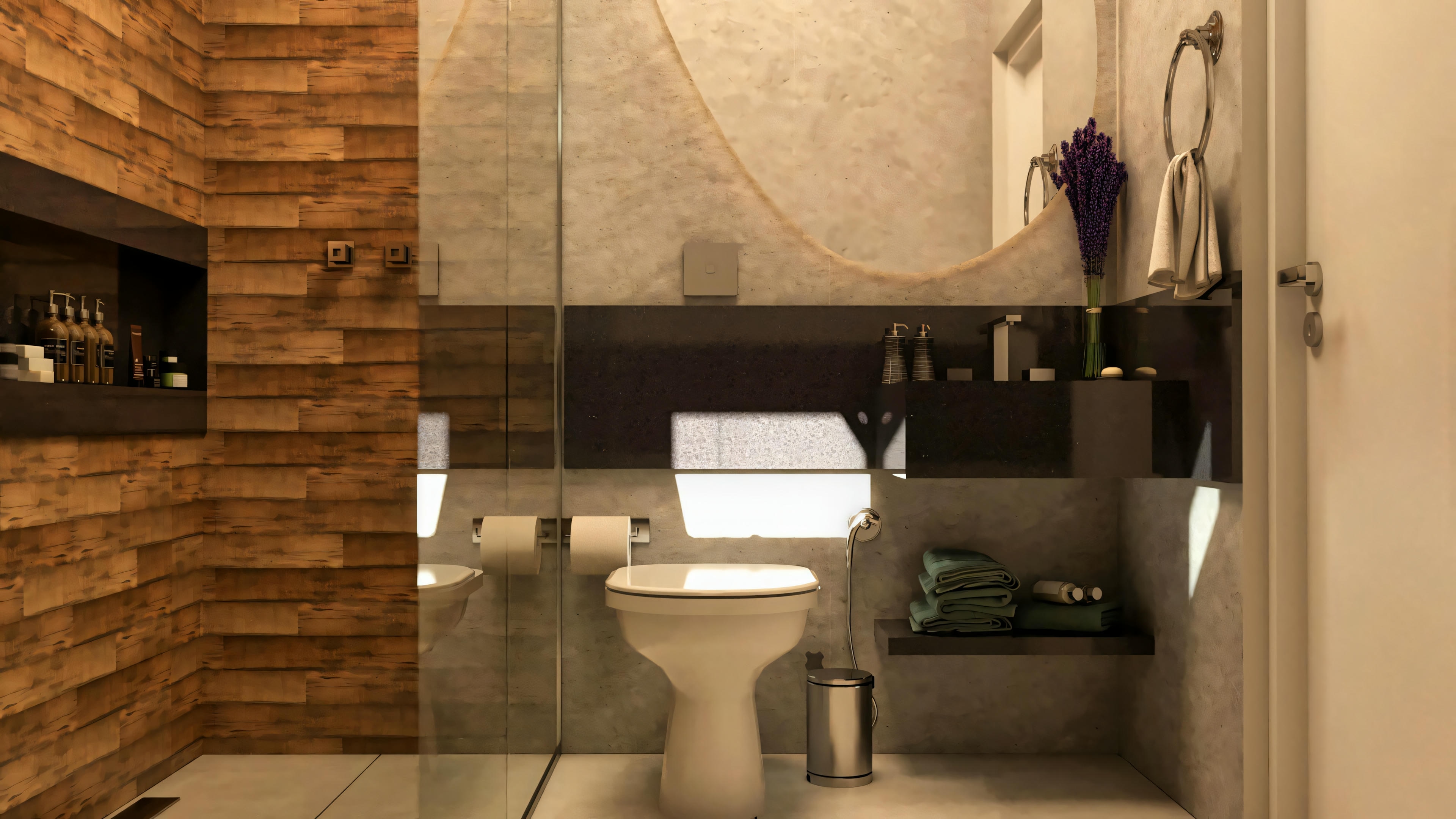 Baño social o aseo en proyecto de casa de planta baja con 3 suites. Destaque para la pared con revestimiento estilo madera, espejo orgánico y hornacina oscura. Este es uno de los 5 baños de la planta de casa de planta baja con 276.43m², 3 suites y oficina.