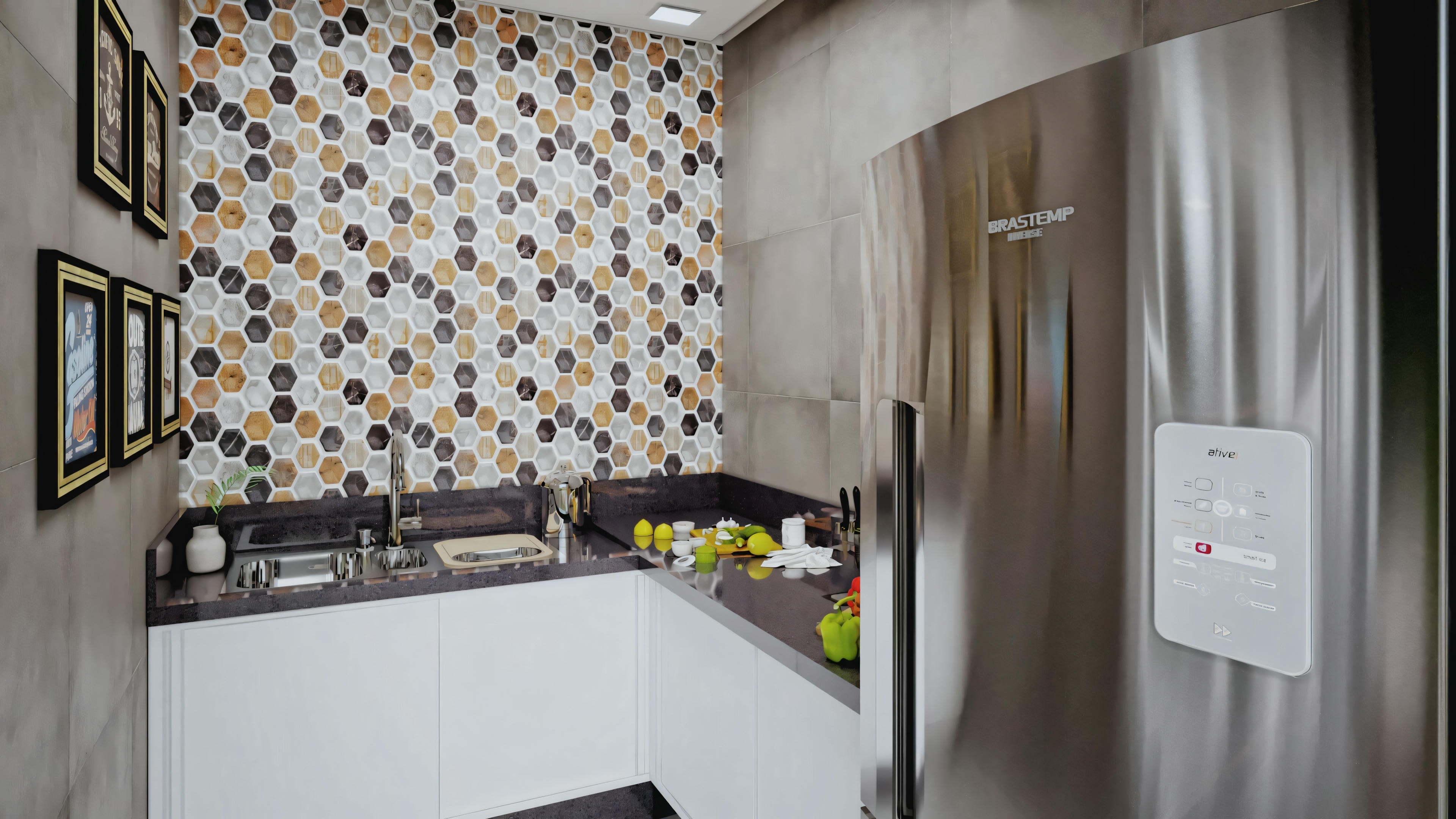 Bathroom with patterned wallpaper in yellow and green tones, white toilet, sink with bottles, and wall-mounted water heater.