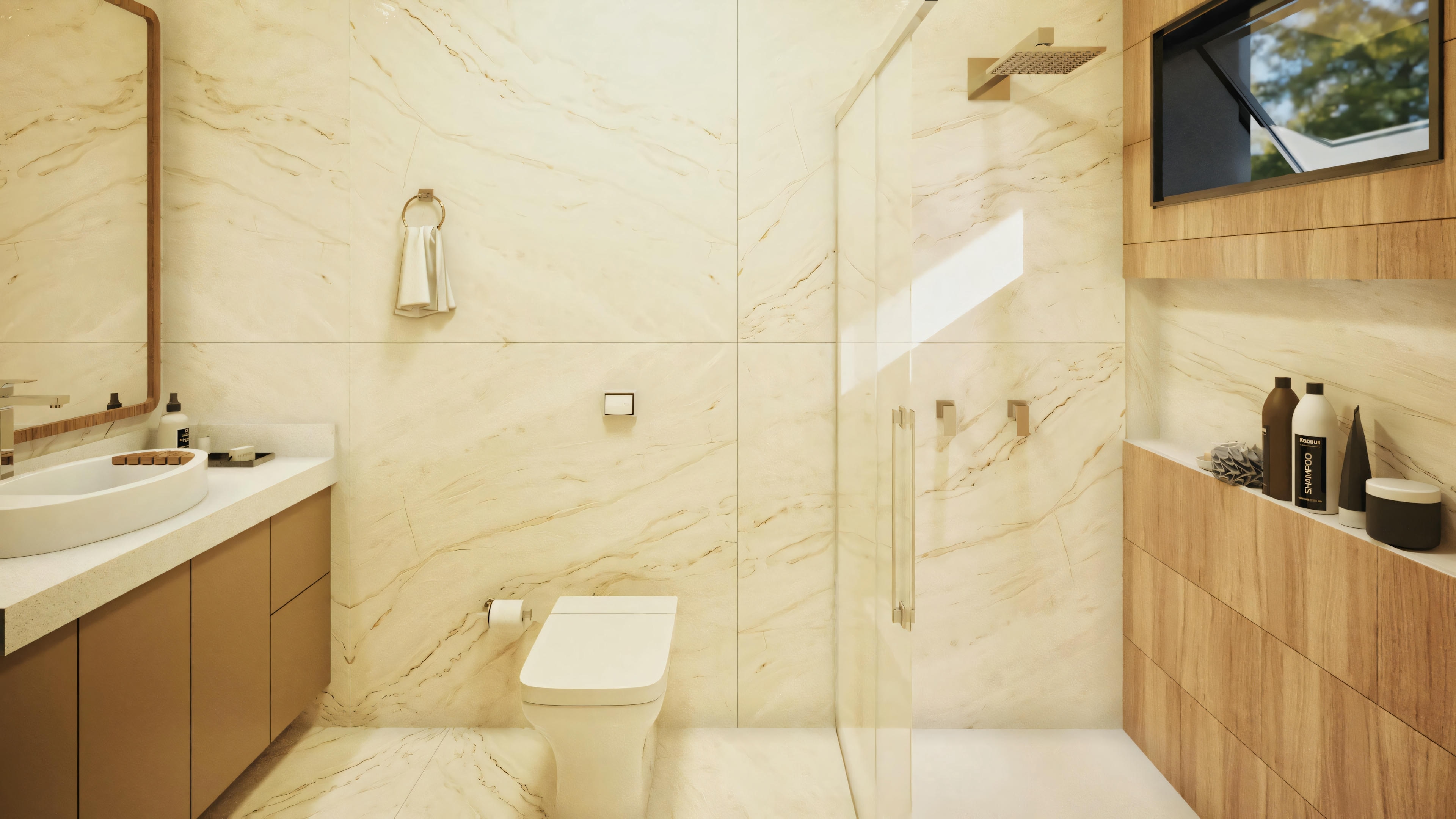 A bathroom with beige tiles, a glass shower enclosure, and a sink with a countertop.