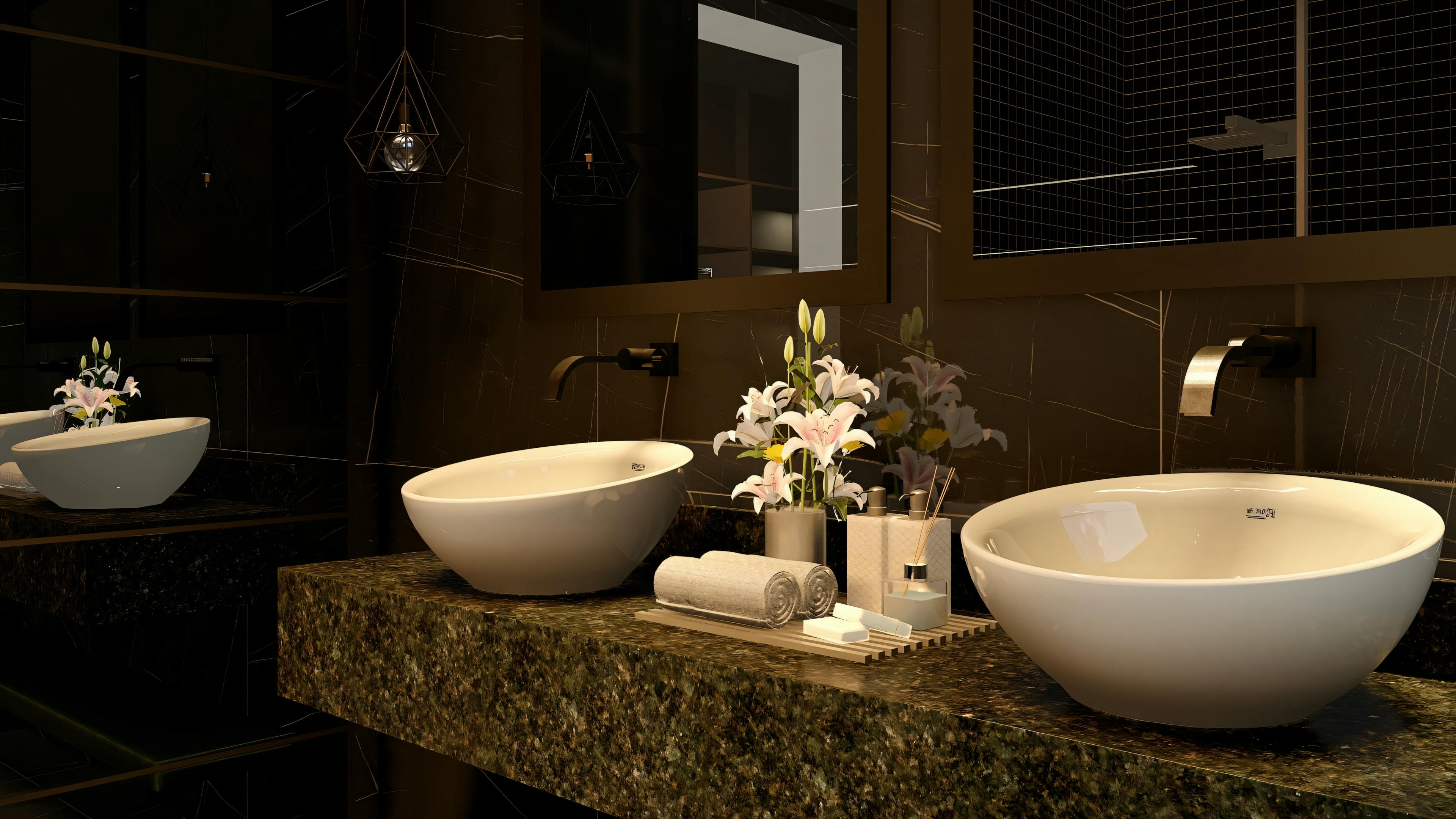 A bathroom with two sinks and mirrors.