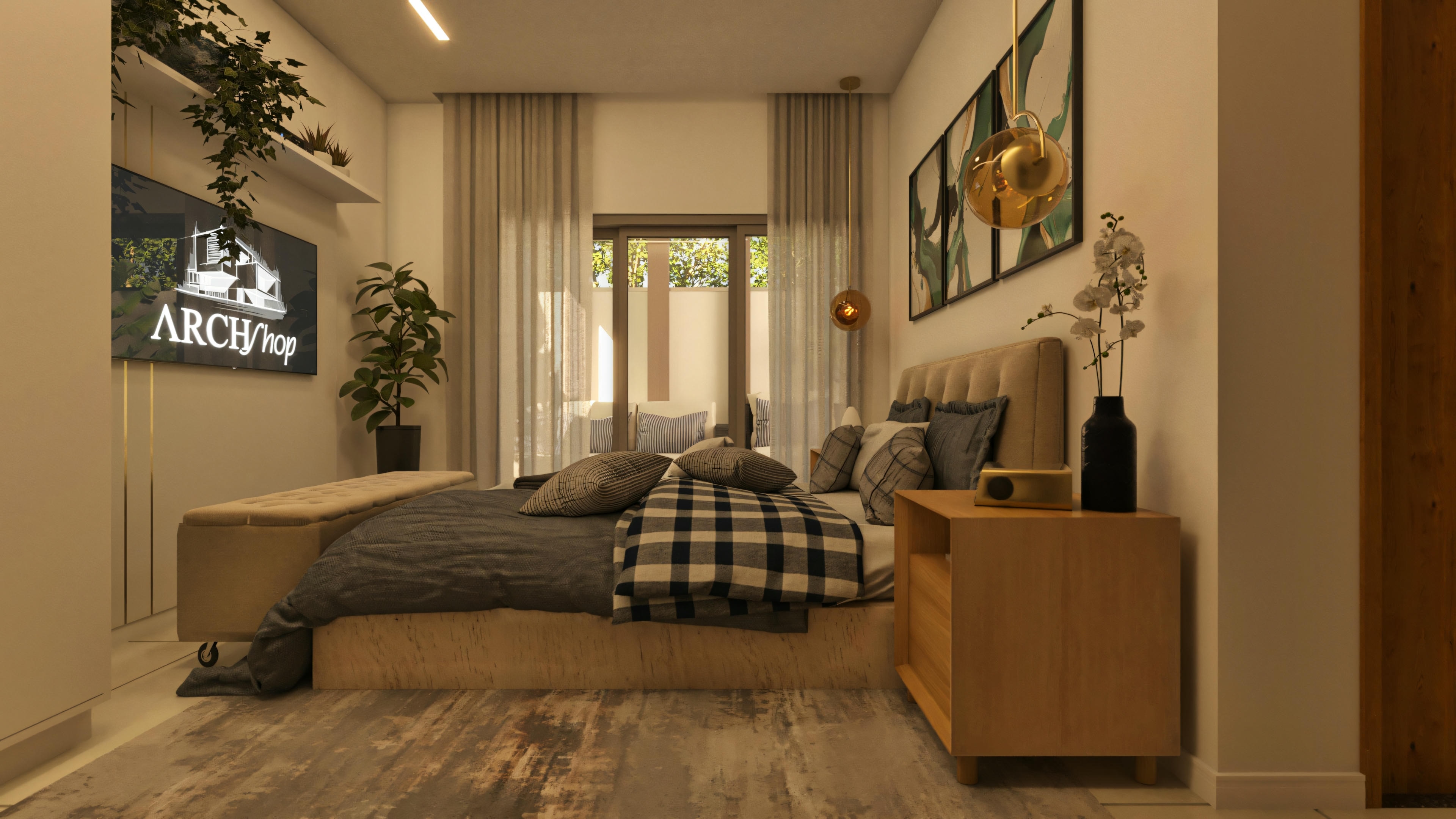 Bedroom with a made bed and dark, patterned bedding.