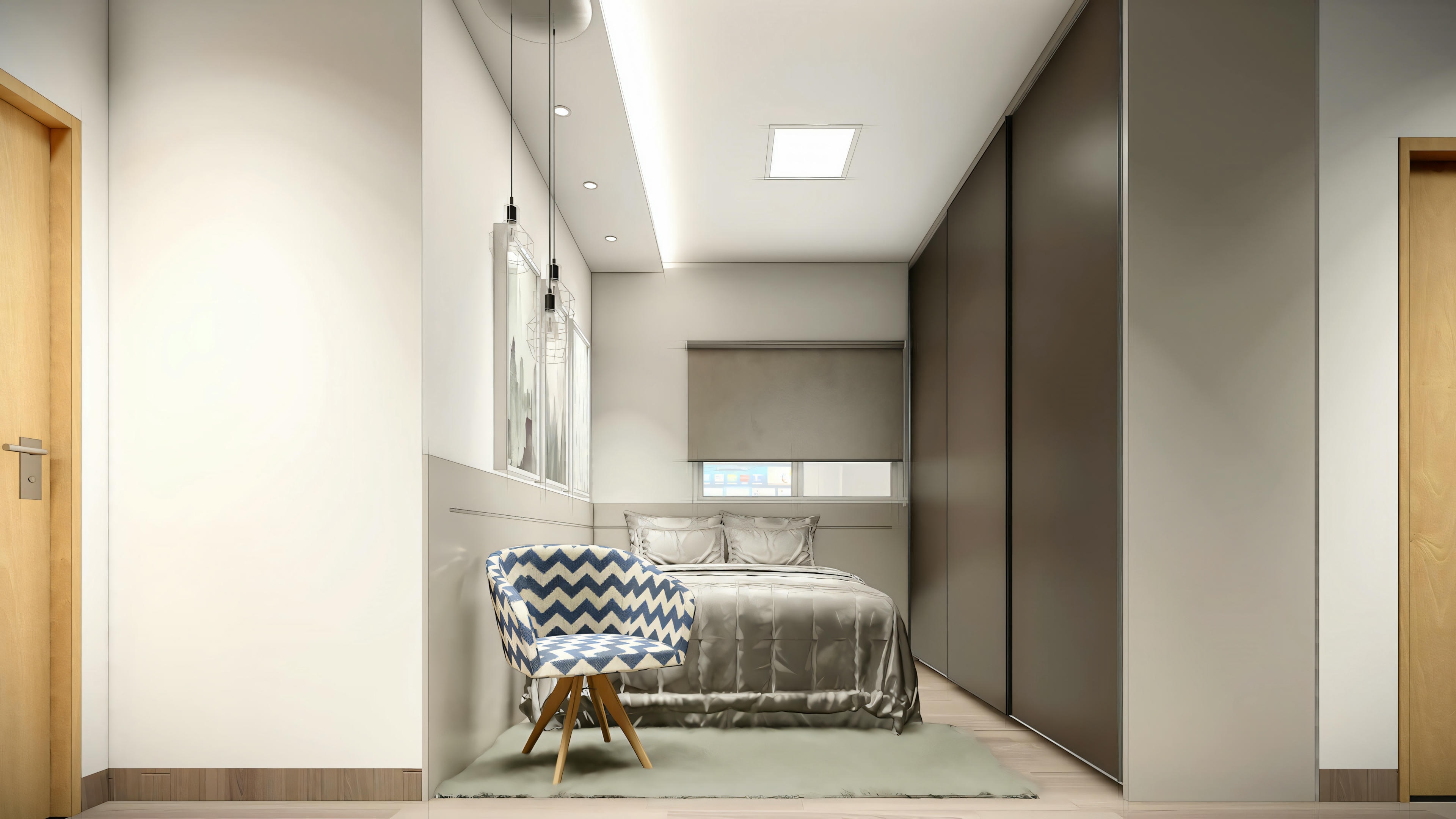 Bedroom with bed, bedside tables, and modern lamps.