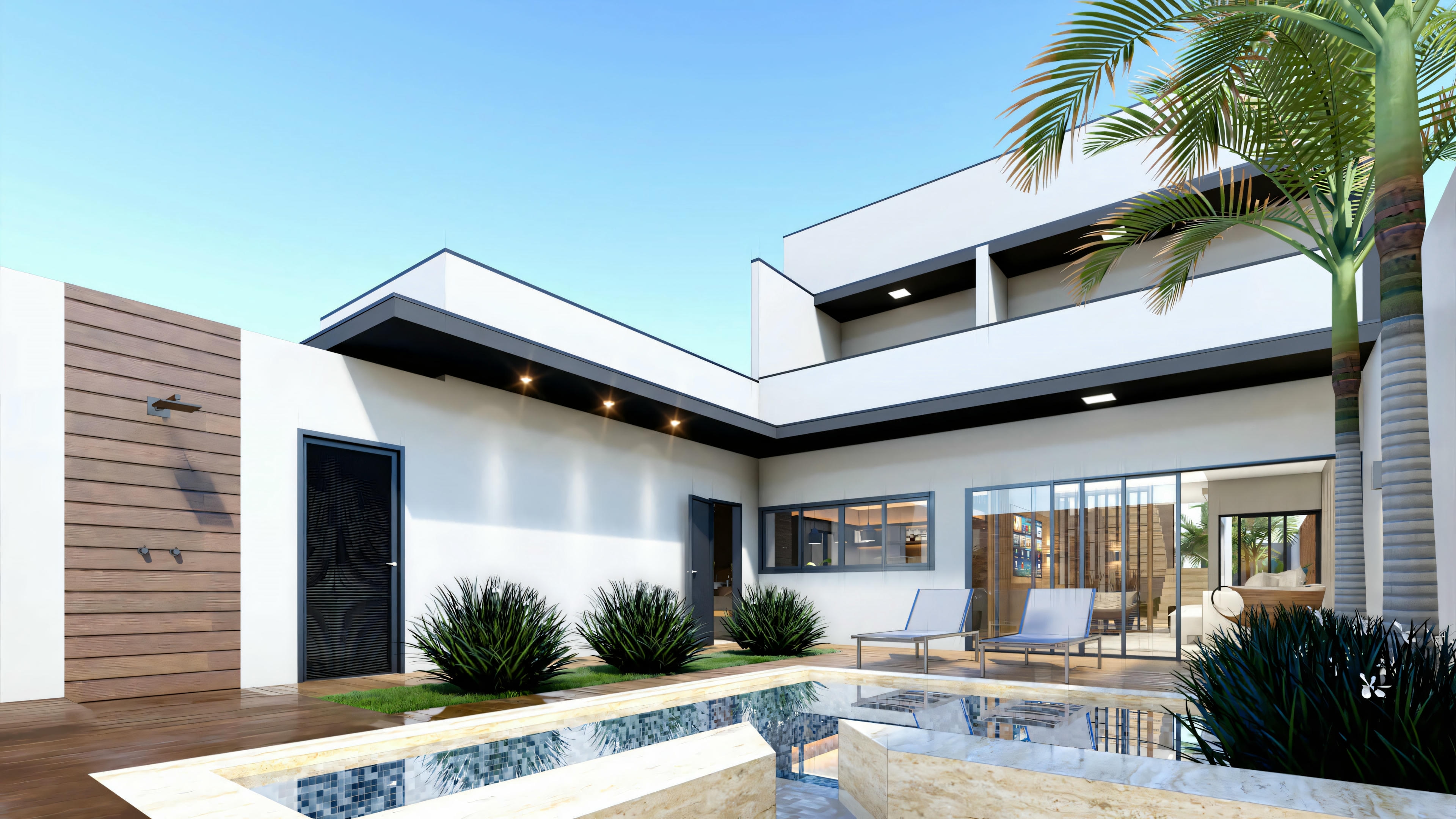 Una casa moderna con piscina, patio y paisajismo alrededor.