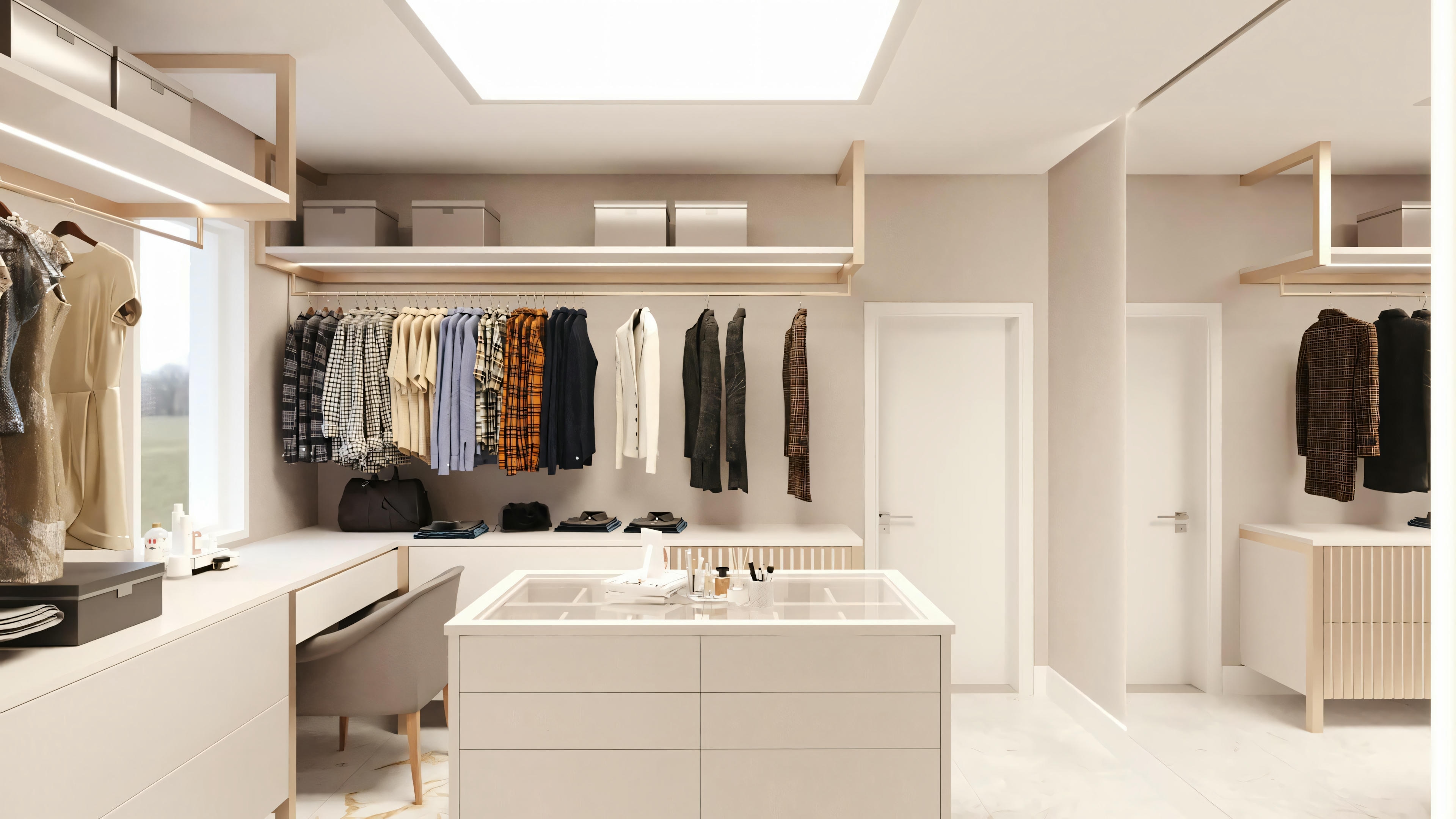 Um closet moderno e bem iluminado com roupas organizadas em prateleiras e cabides, além de uma ilha central com gavetas e tampo branco.