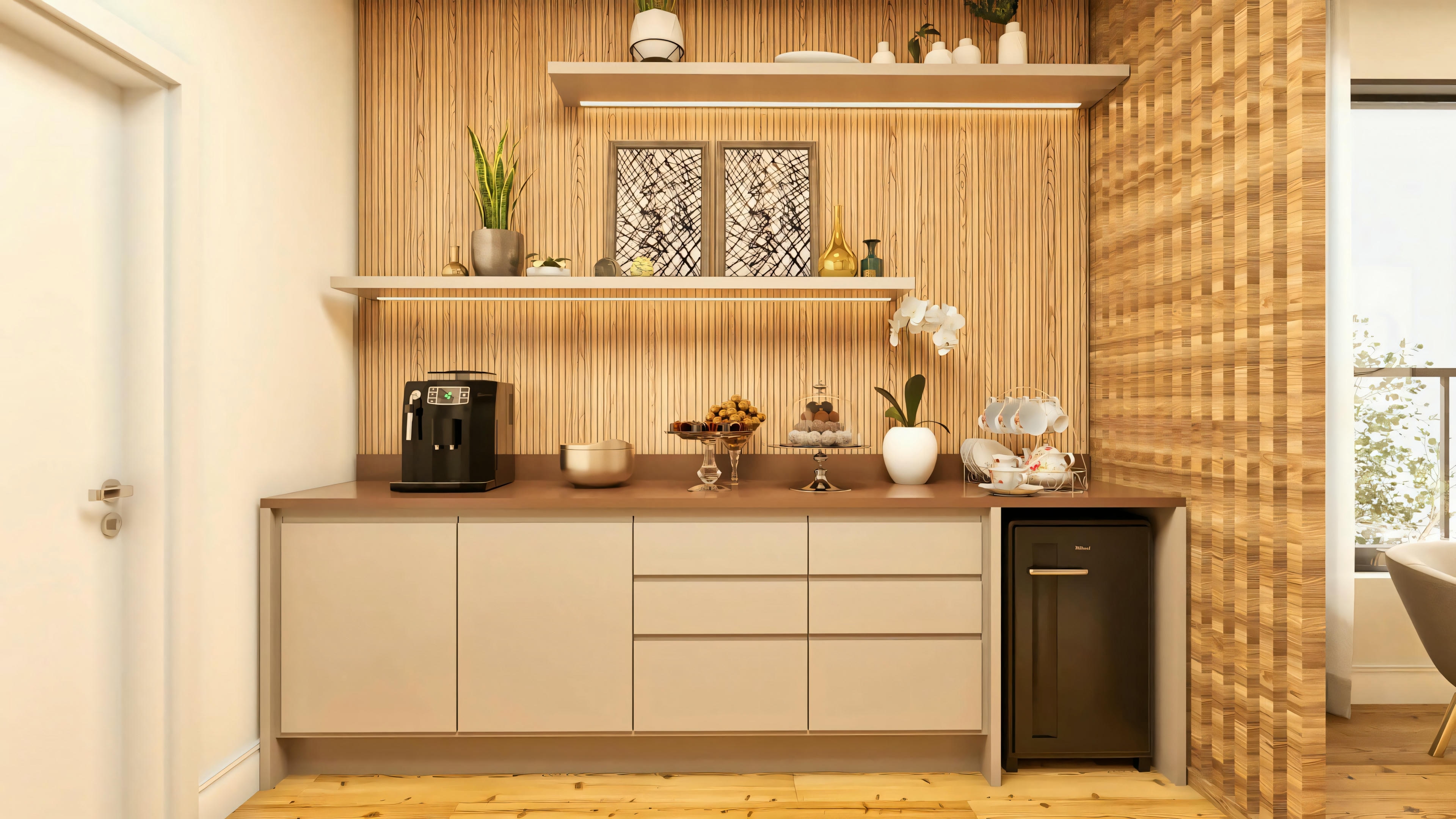 Coffee corner detail in the two-story house architectural project, displaying a sideboard unit with custom cabinetry in neutral tones, wooden countertop, built-in mini-fridge, coffee machine, slatted wood back panel, and suspended shelves with built-in lighting and decoration.