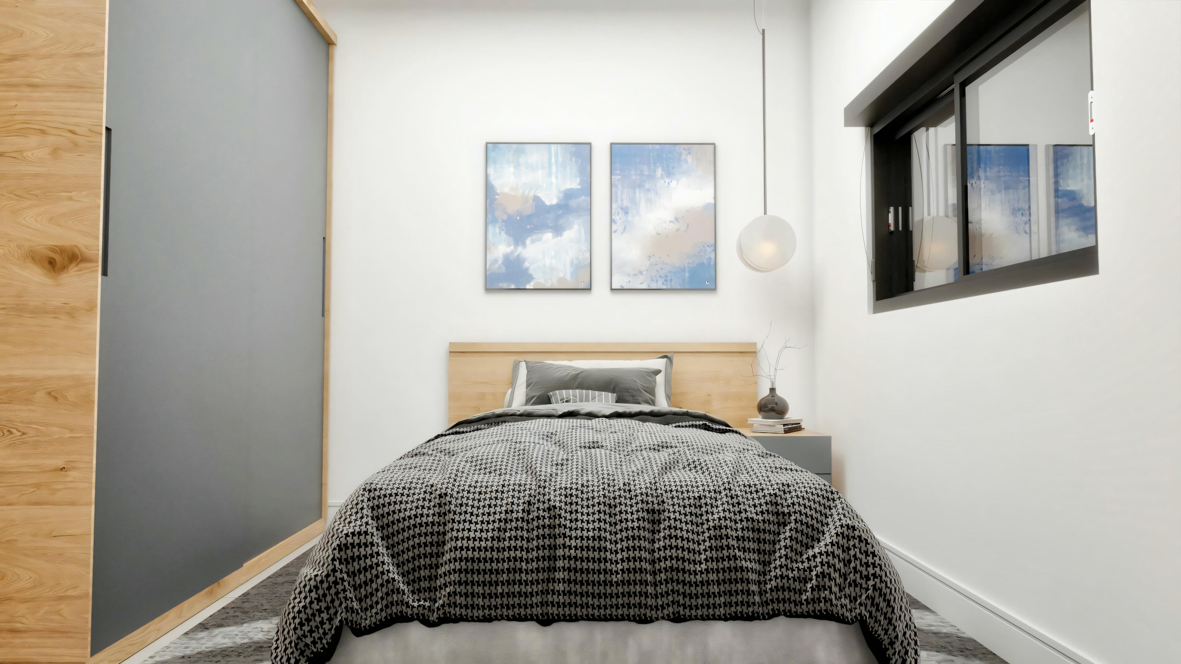 Single bedroom in a country house with a single bed, side nightstand, and minimalist decoration with pictures.