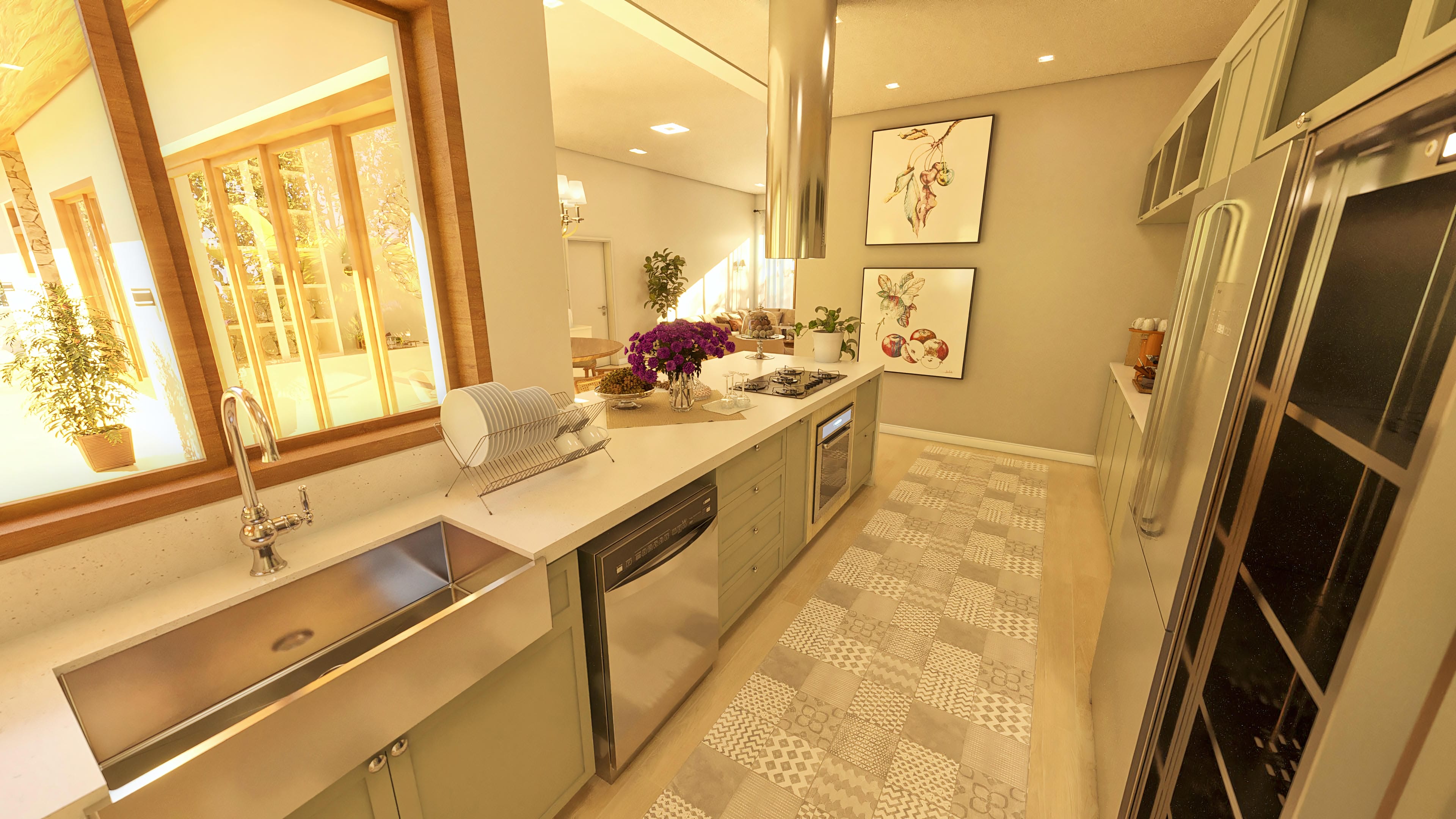 Cocina moderna con barra en L, armarios claros, electrodomésticos de acero inoxidable y amplio espacio integrado al comedor, con iluminación natural.