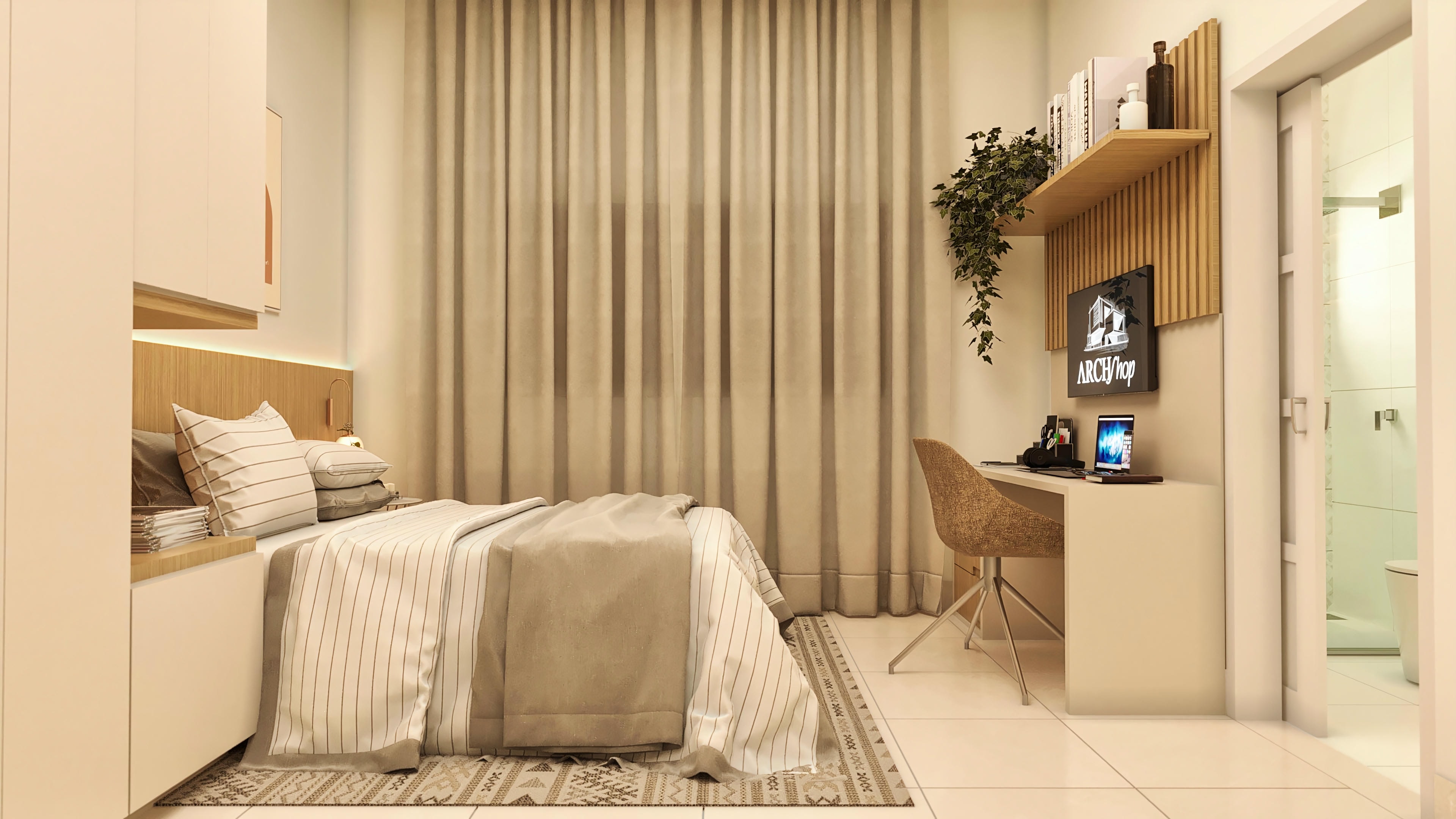Bedroom with desk and TV.
