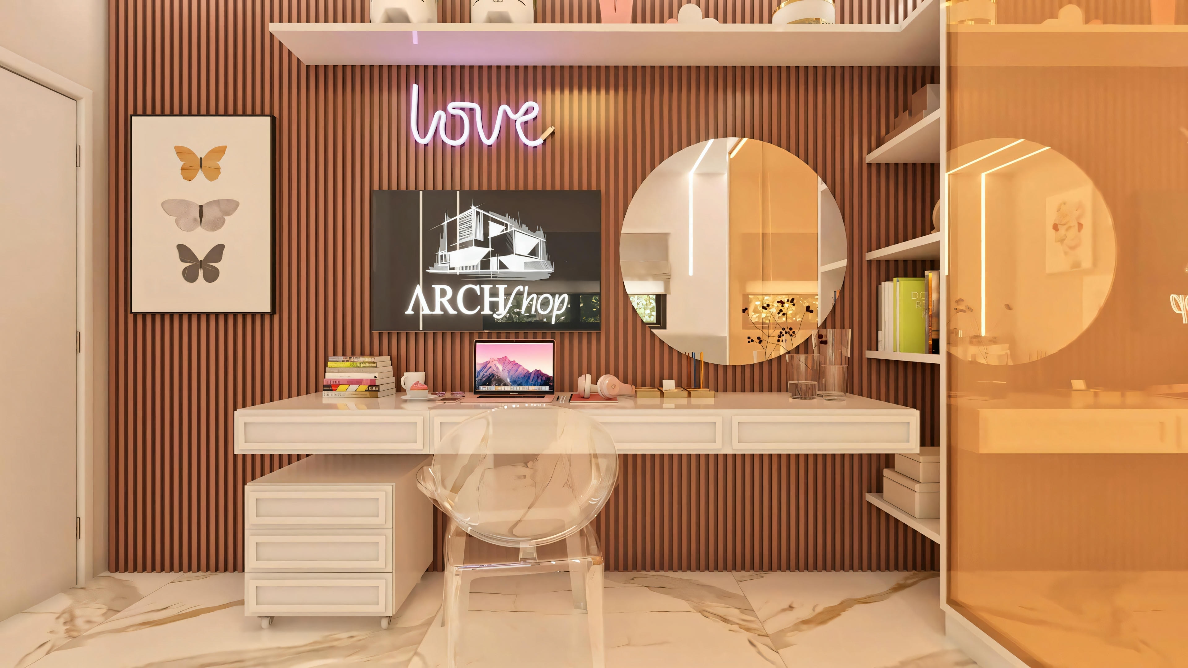 Detalhe da bancada de estudo e decoração em quarto suíte de projeto residencial de luxo, com painel de madeira, neon e mobiliário moderno.
