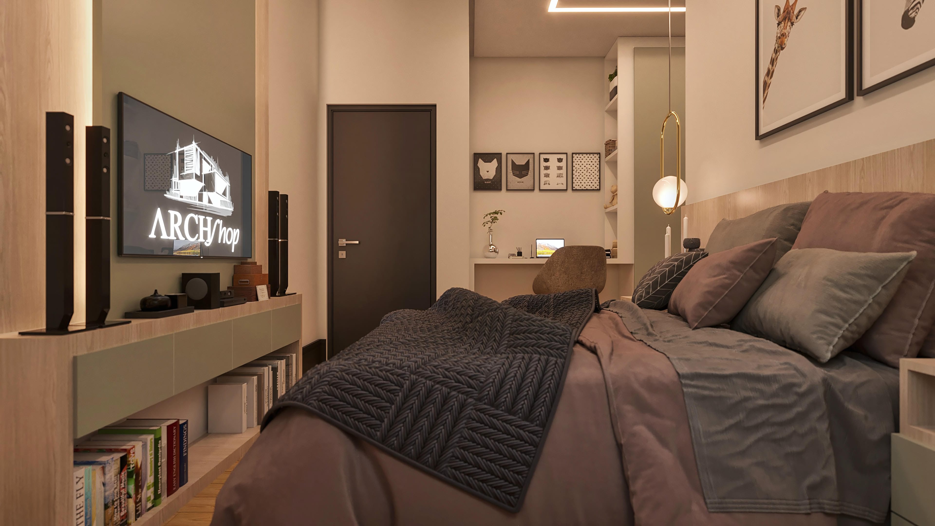 Internal environment of a single-story house with modern design, featuring a bed with pillows in neutral tones and a textured blanket, next to a cabinet with a TV and sound system, plus a compact office with themed decor.