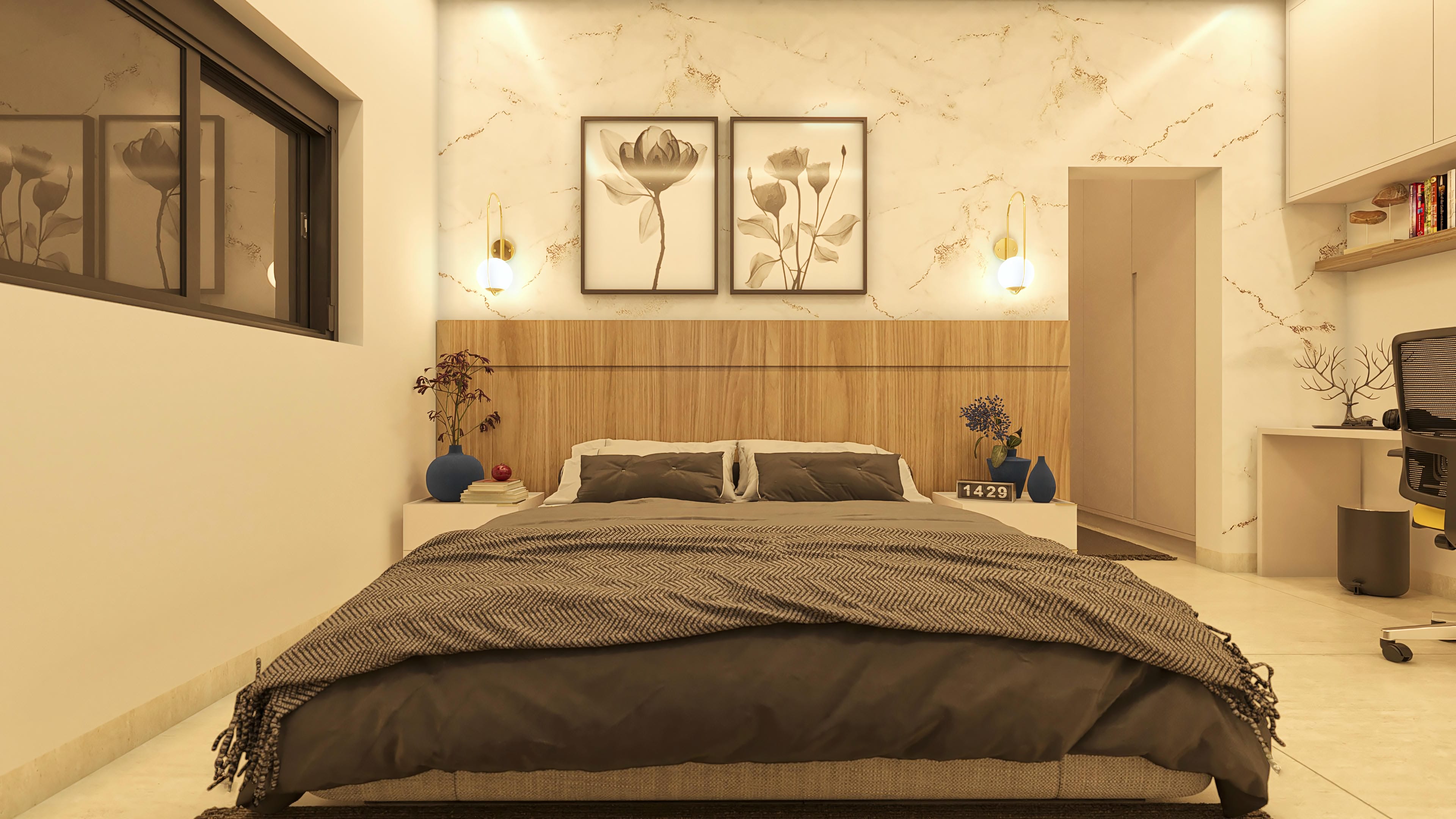 Interior de suite con iluminación sutil, pared con textura marmolada y panel de madera alistonada. Decoración con cuadros botánicos y mobiliario moderno.