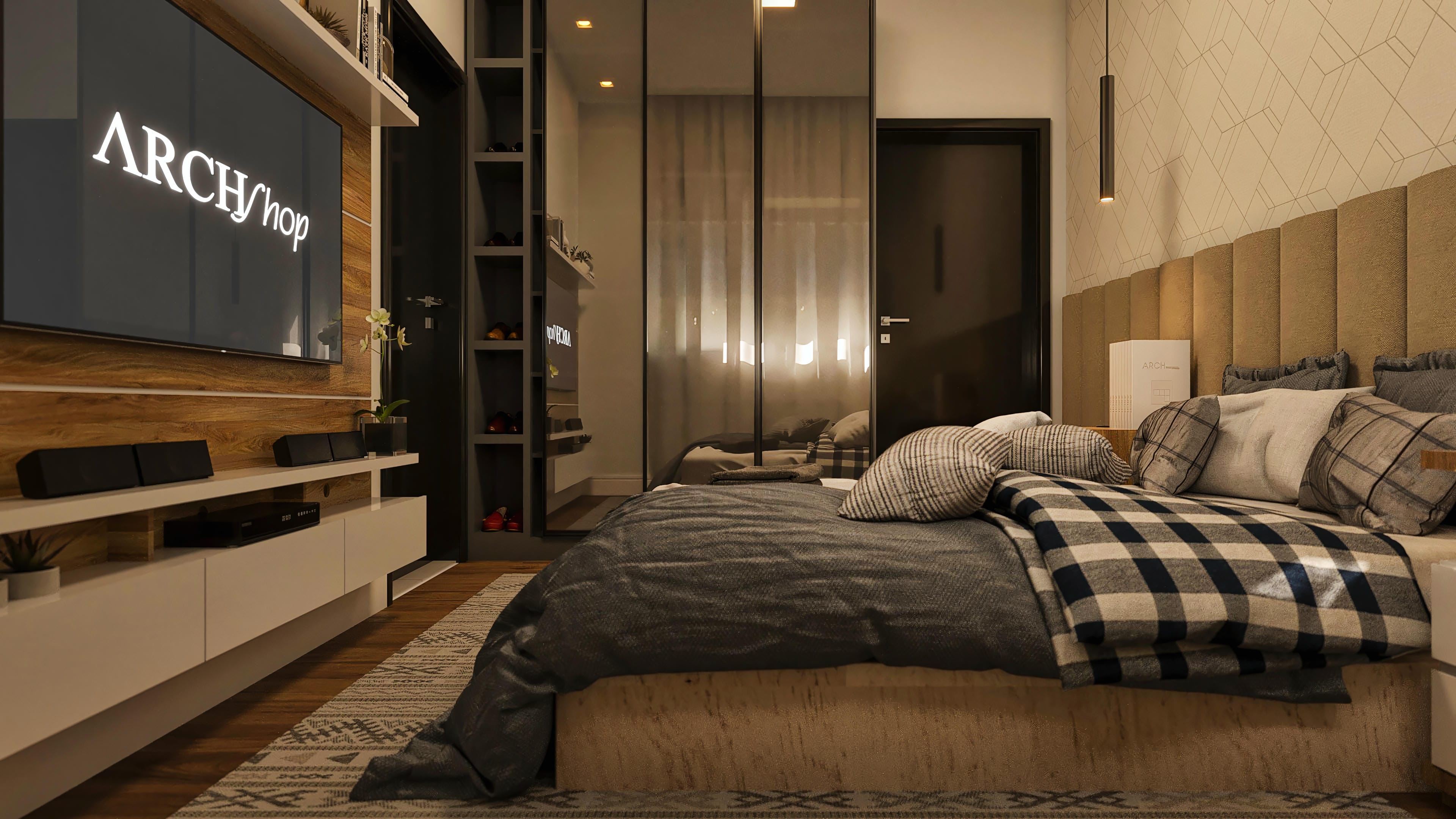 Dormitorio moderno con cama king-size, cabecero tapizado y armario empotrado con espejos. Detalles en madera enlistonada, iluminación indirecta y papel pintado geométrico.