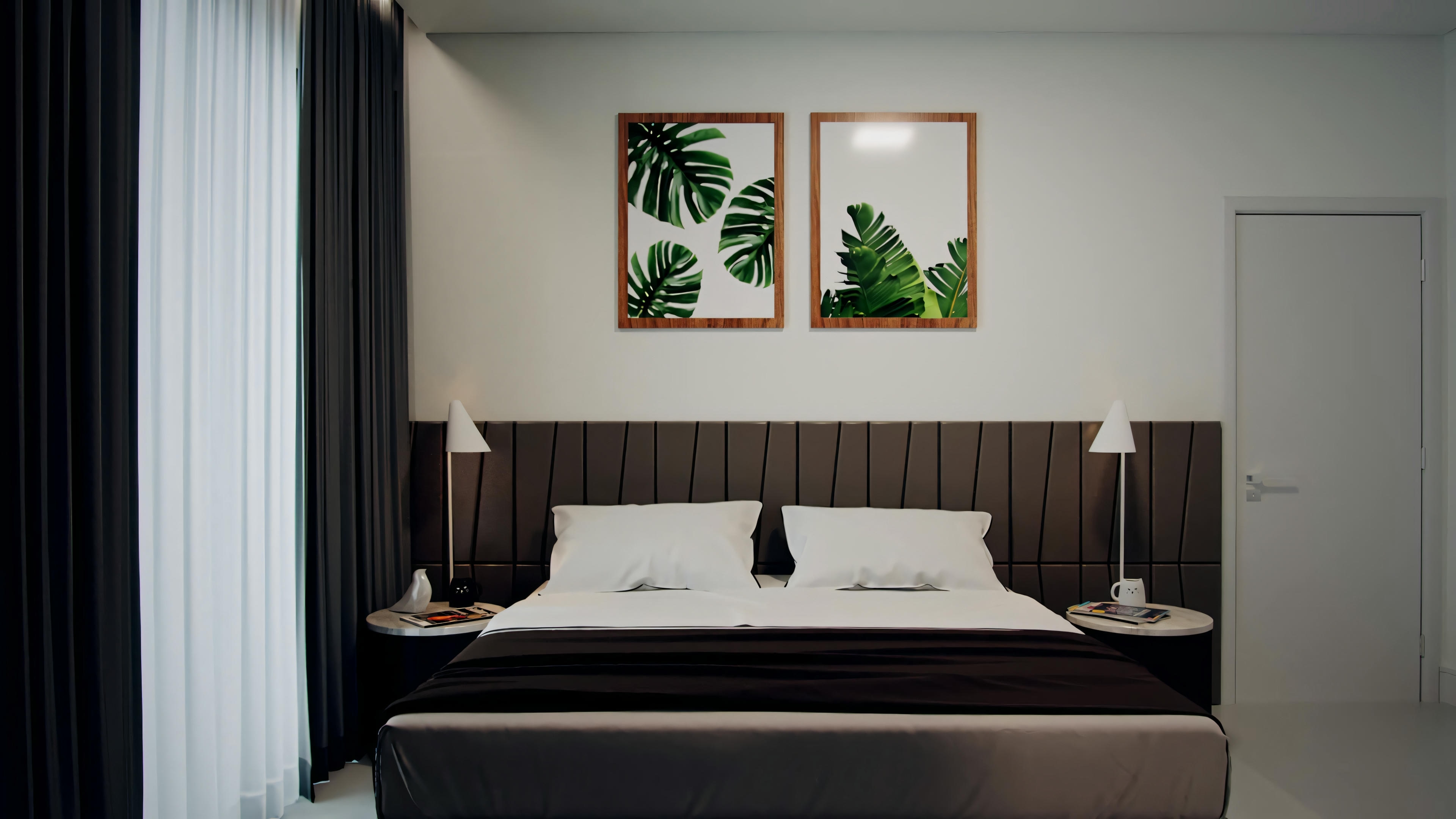 Un dormitorio bien arreglado con una cama matrimonial centrada contra un cabecero oscuro, flanqueada por dos luminarias de pared.