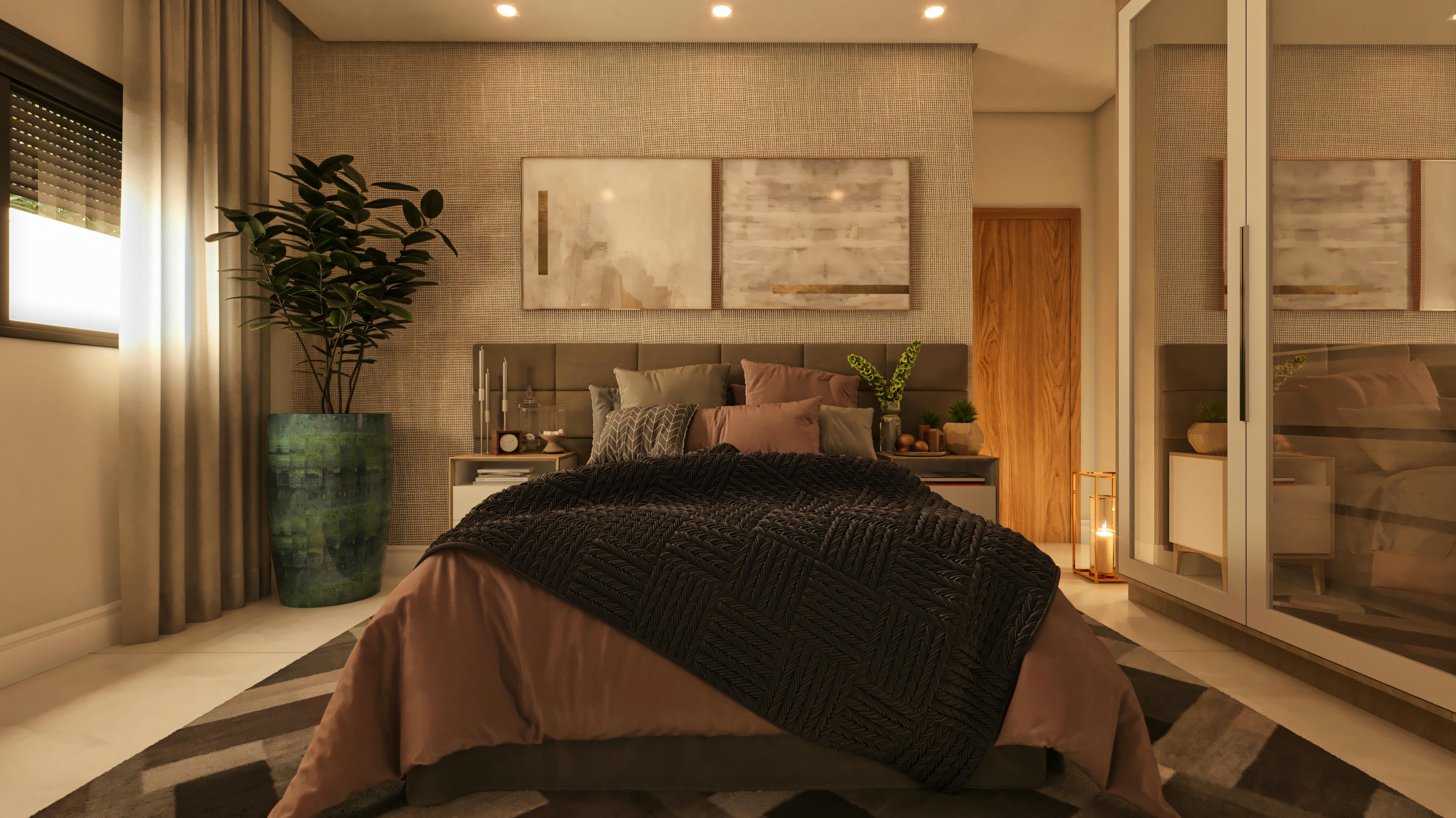 Segundo dormitorio matrimonial tipo suite en casa moderna de 3 habitaciones, con papel de pared texturizado, cama con ropa de cama en tonos rosa quemado y gris, cabecero panelado, armario espejado, y gran planta ornamental.