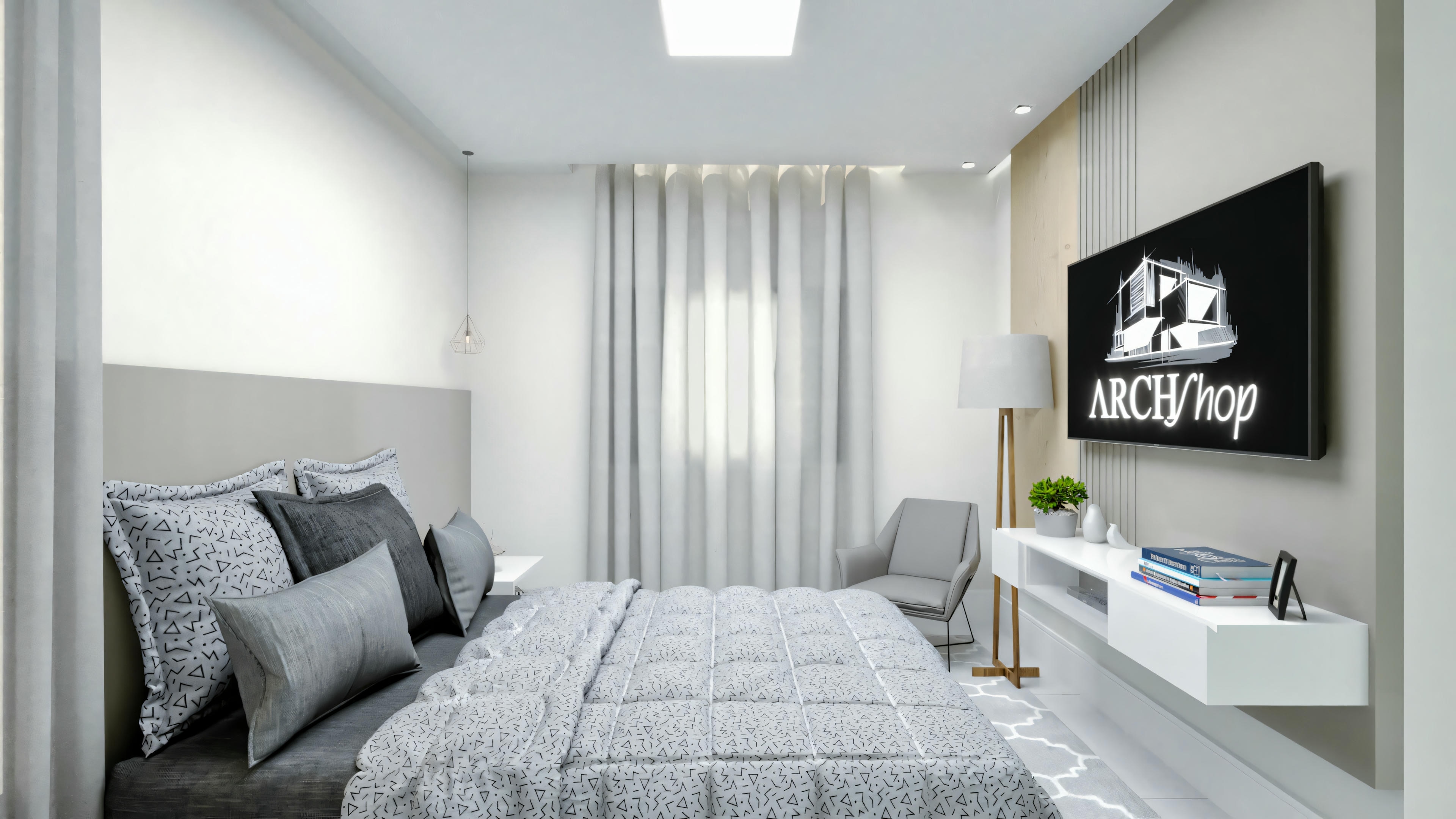 Un dormitorio moderno con cama de colcha gris, mesita de noche más grande, almohadas decorativas y lámparas de pared.