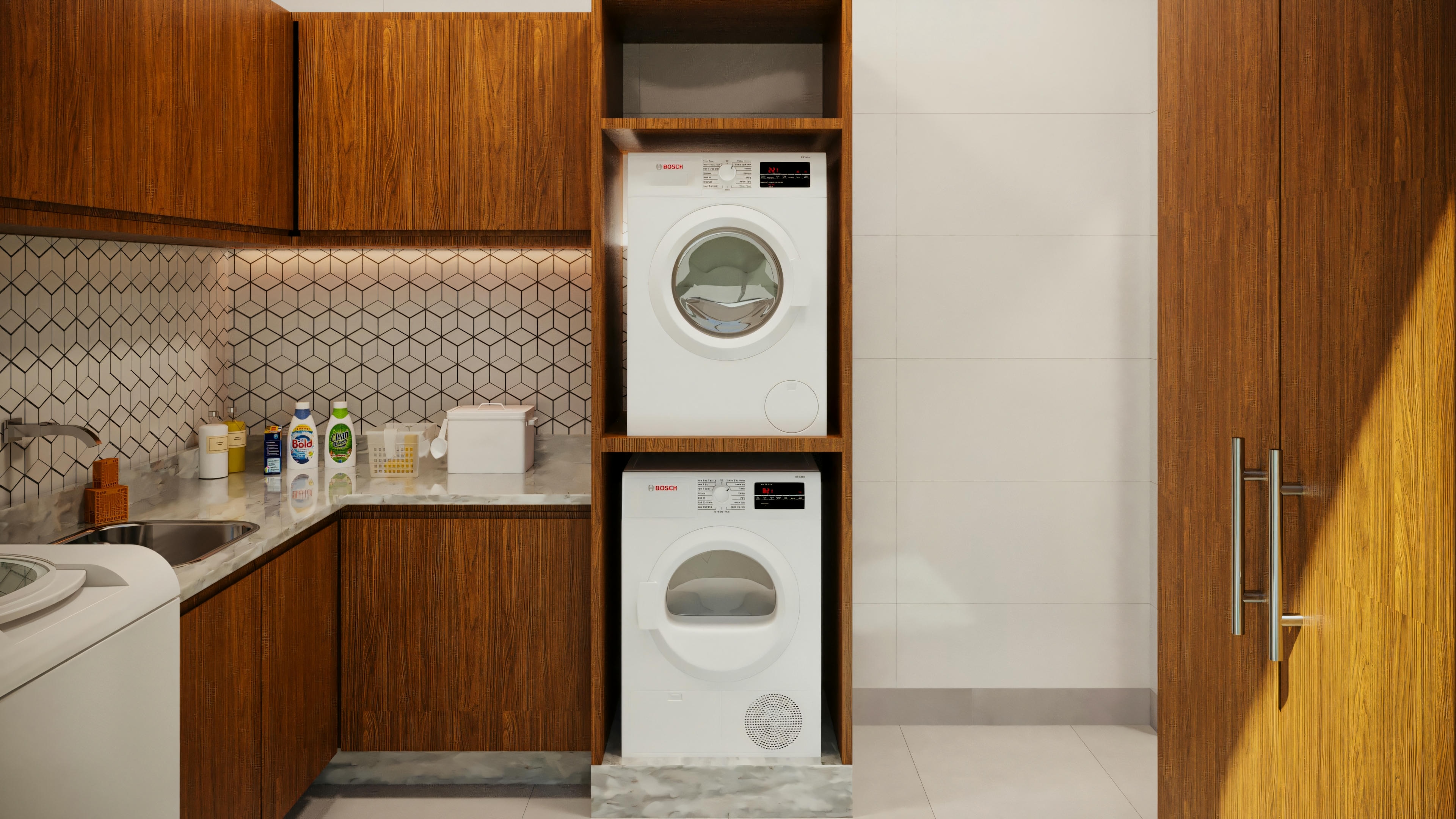 Laundry room with washing and drying tower, wooden cabinets, countertop with sink and hexagonal cladding, in a house with 3 suites.